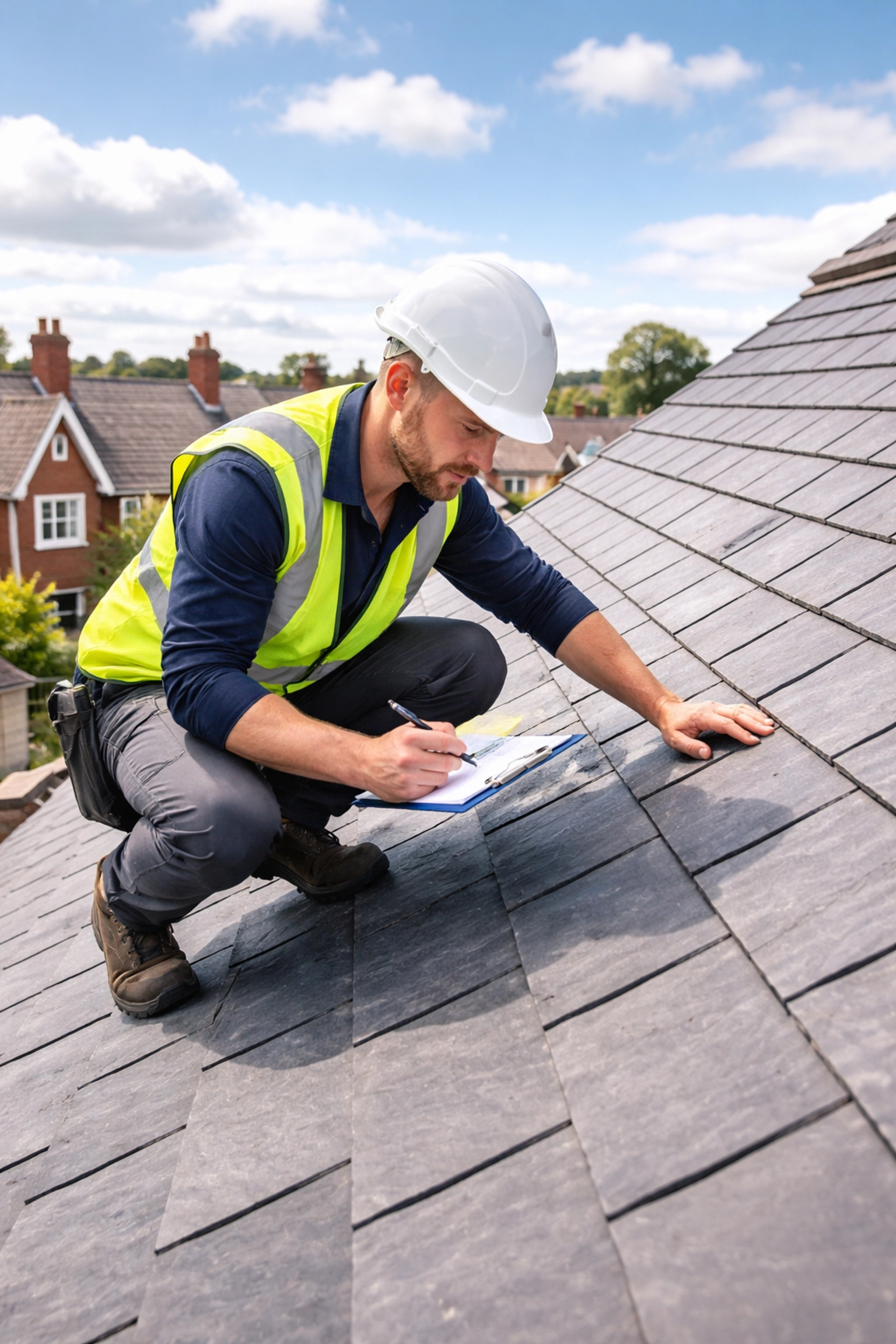 Roofing contractor in safety gear inspecting slate tiles on a Belfast roof during a professional roof survey