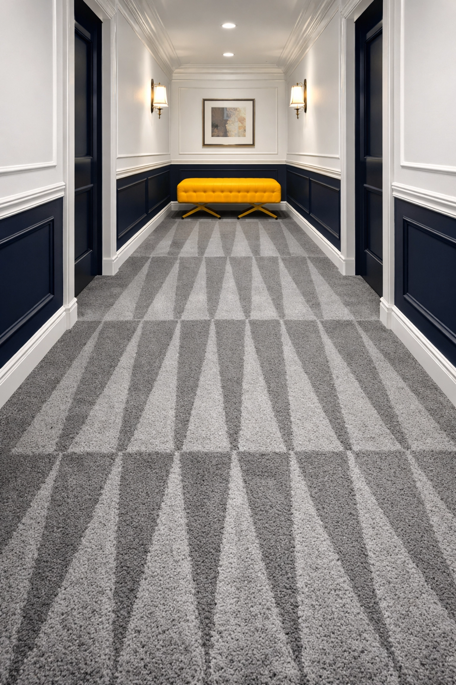 Precision vacuum lines on a clean hallway carpet by professional cleaners Worcester MA.