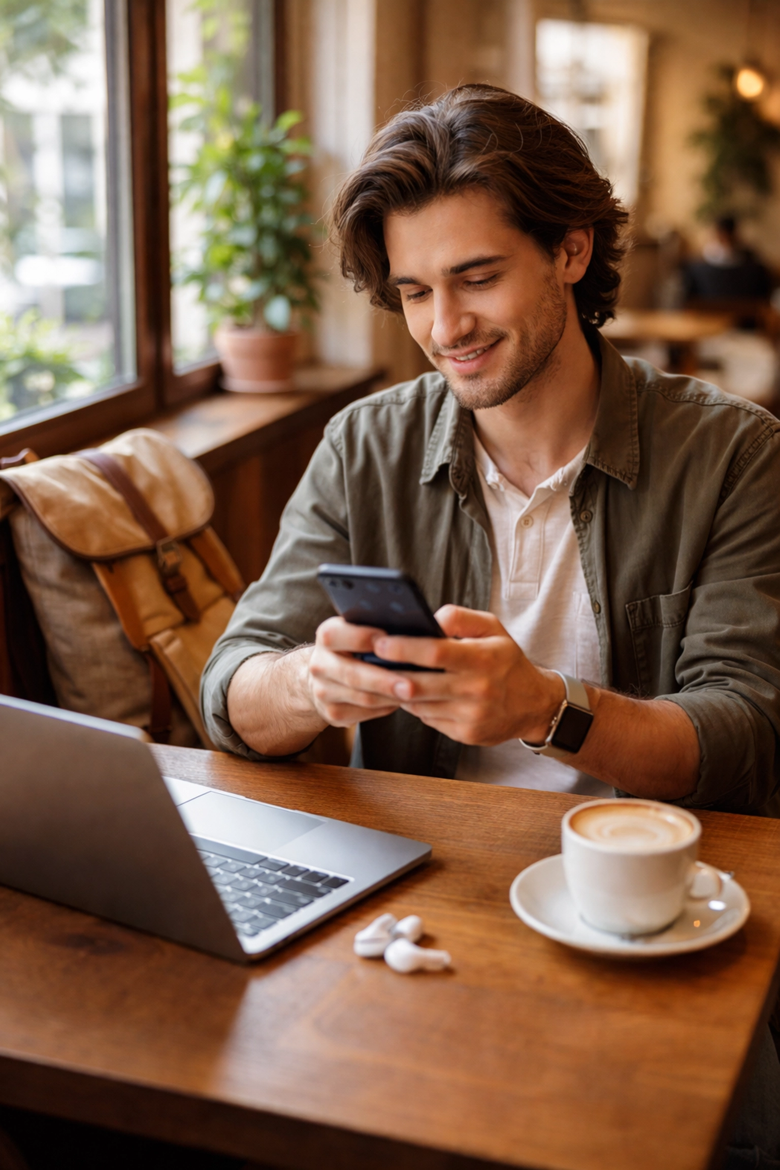 Digital nomad texting with a 24/7 online doctor on smartphone while working from a café