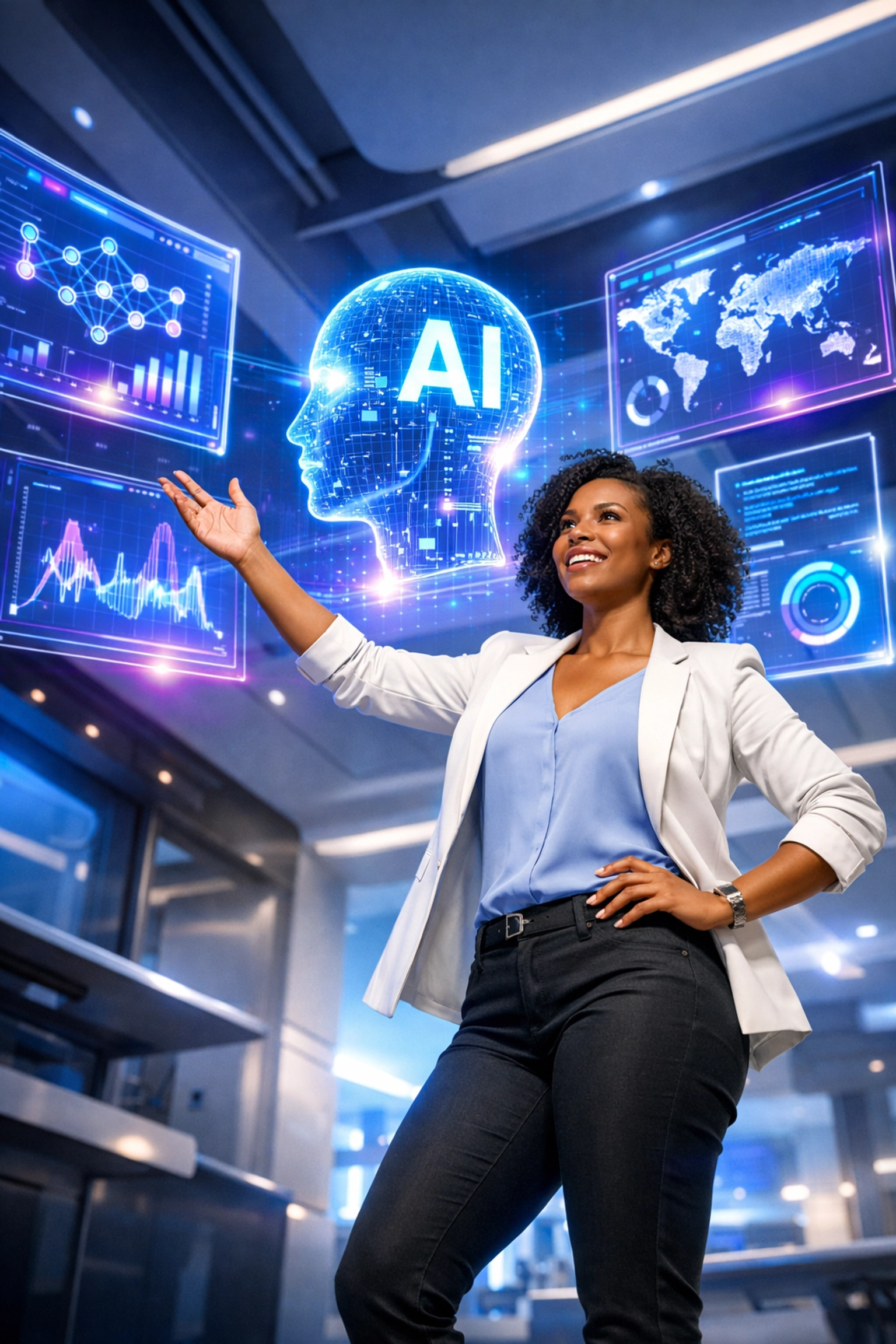 Woman entrepreneur working with AI technology and data visualization tools