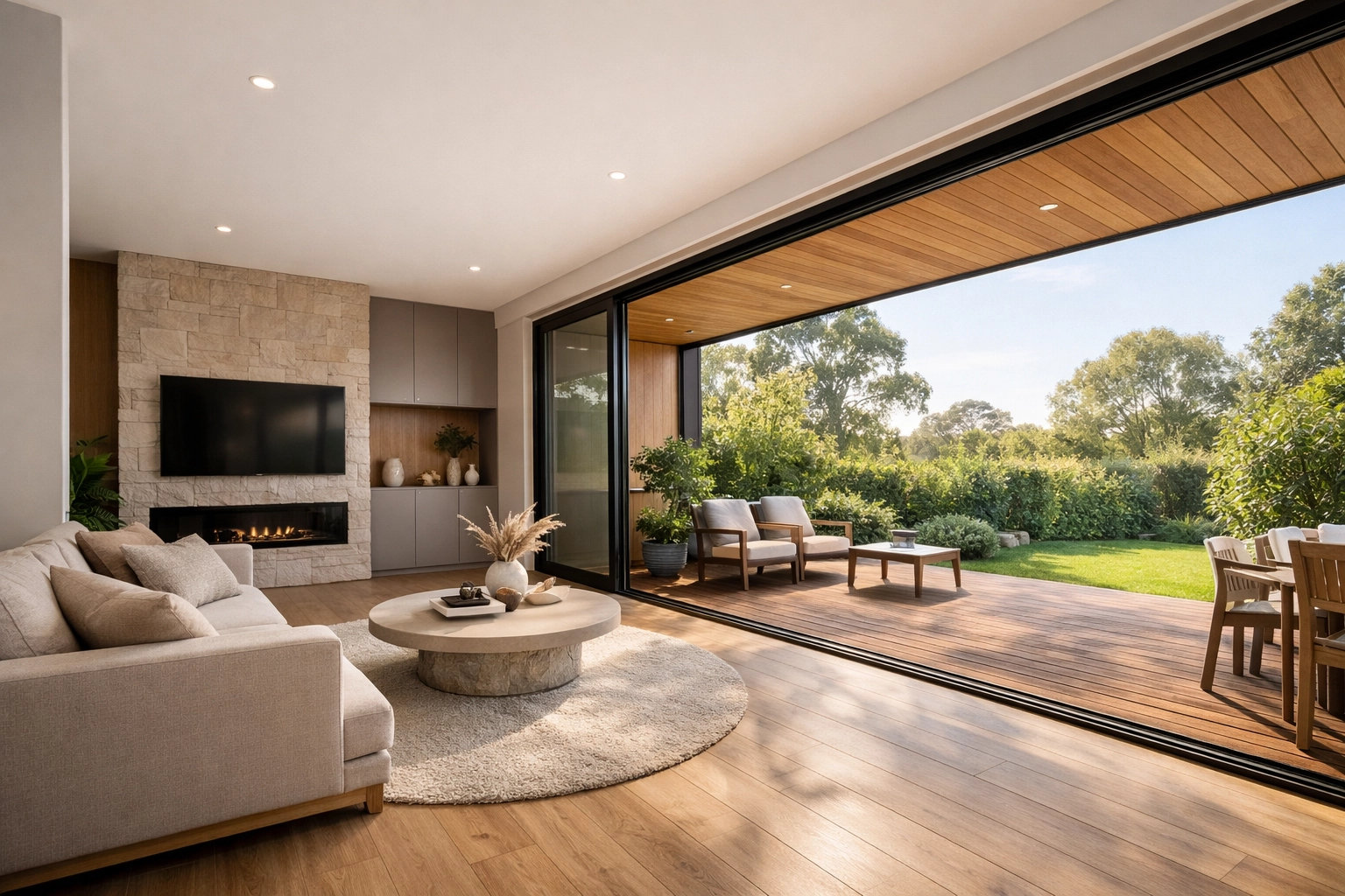 Modern modular home interior with high ceilings and seamless indoor-outdoor flow to a sustainable timber deck.