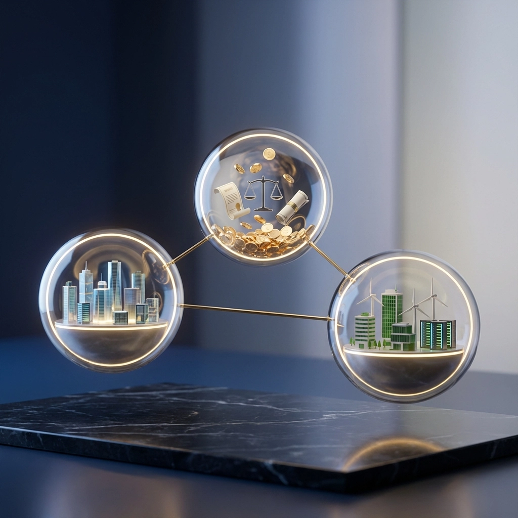 Visual representation of a diversified 40/30/30 investment portfolio with equities, fixed income, and alternatives spheres