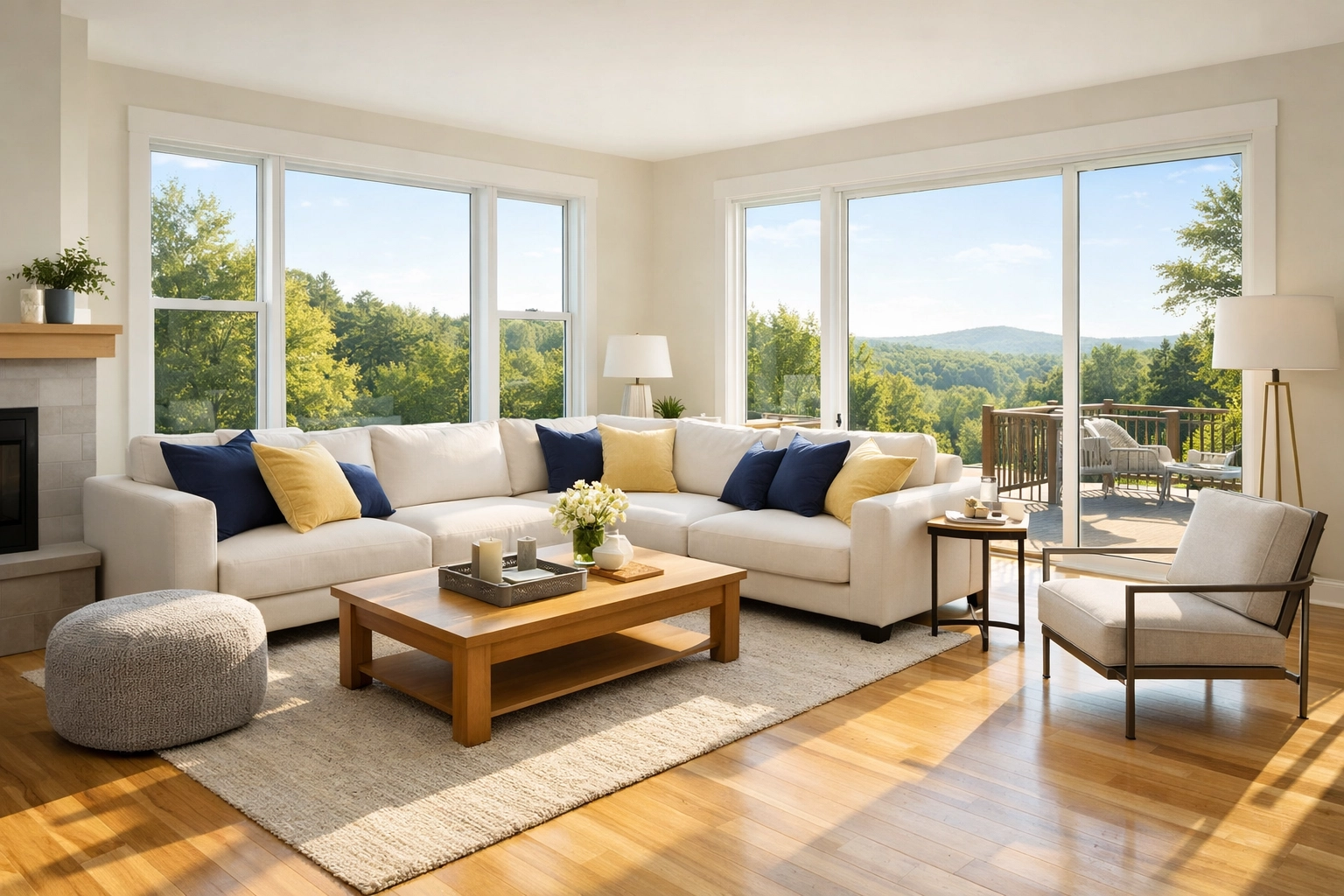 Modern clean living room with polished floors after a professional house cleaning Shirley MA service.