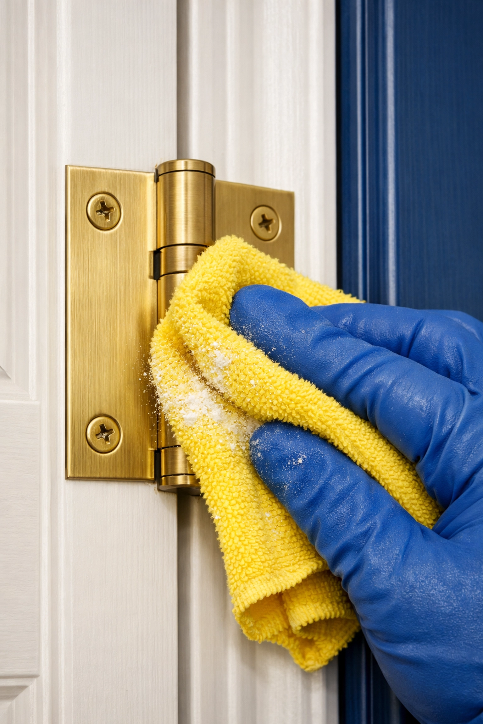 Professional cleaning of a door hinge to remove construction dust using a microfiber cloth.