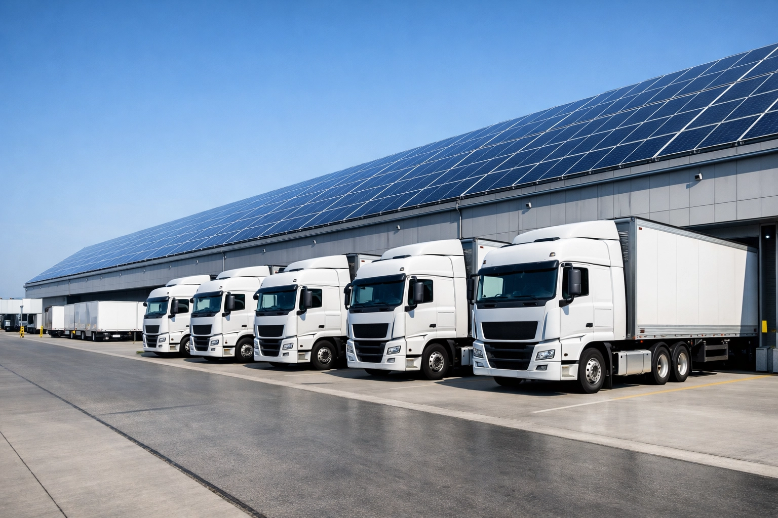 High-tech logistics hub with solar-powered warehouse demonstrating sustainable supply chain and ESG media solutions.
