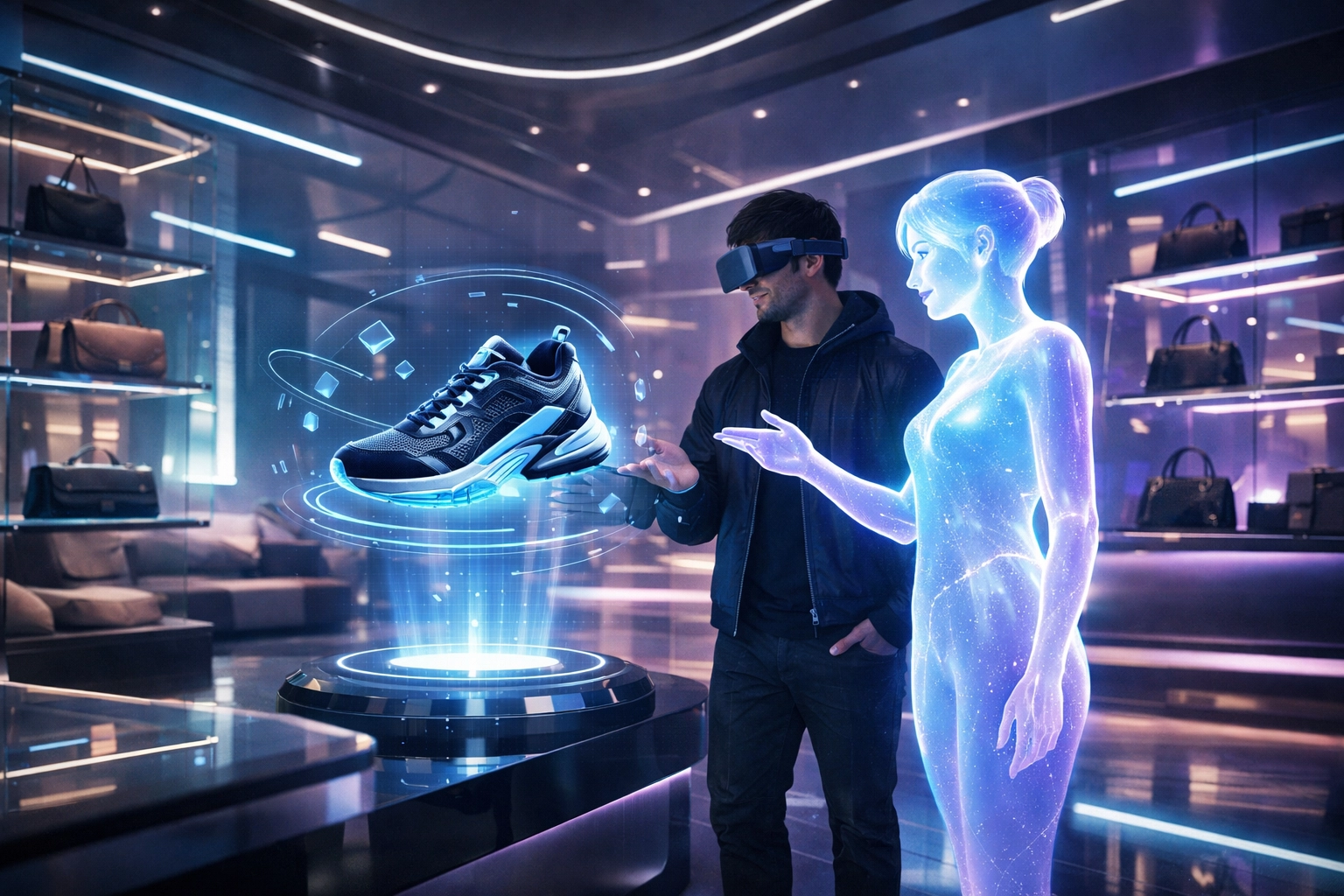 Virtual AI assistant guiding a customer through a futuristic Metaverse shop with holographic product displays.