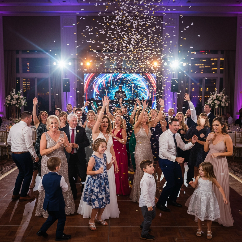 People celebrating at a party, confetti in the air. Dressed in formal attire, with a colorful background and vibrant lighting. Joyful mood.