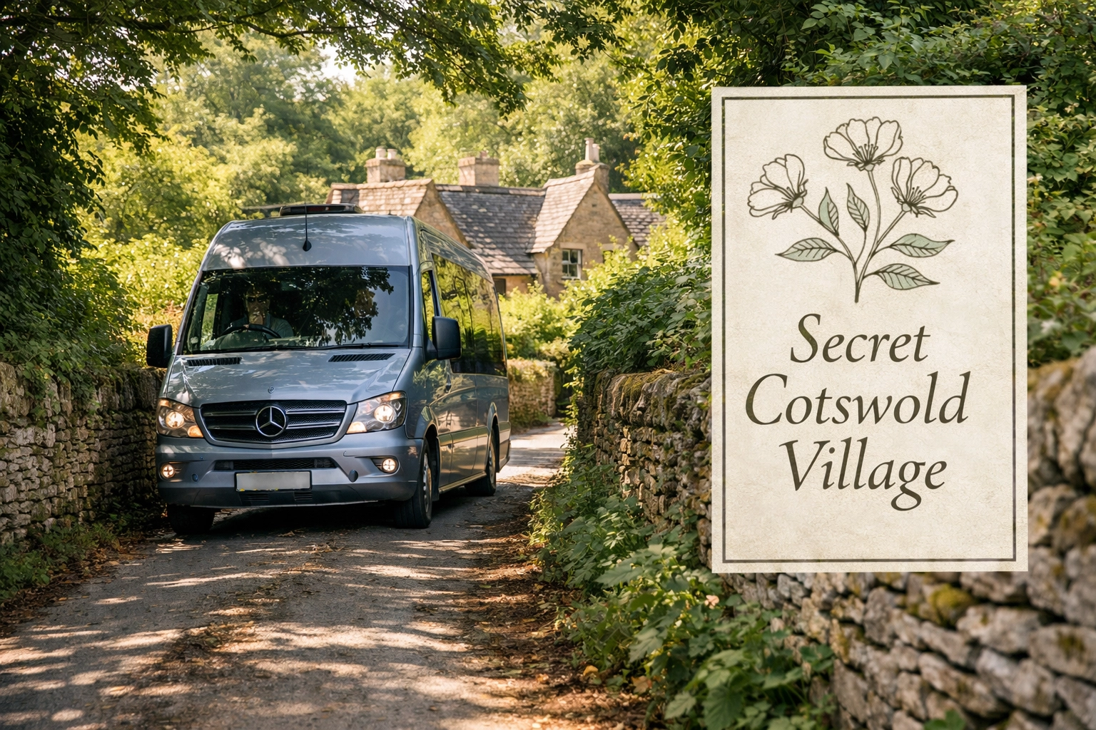Luxury Mercedes mini-coach driving through a narrow, scenic country lane in a hidden Cotswold village.