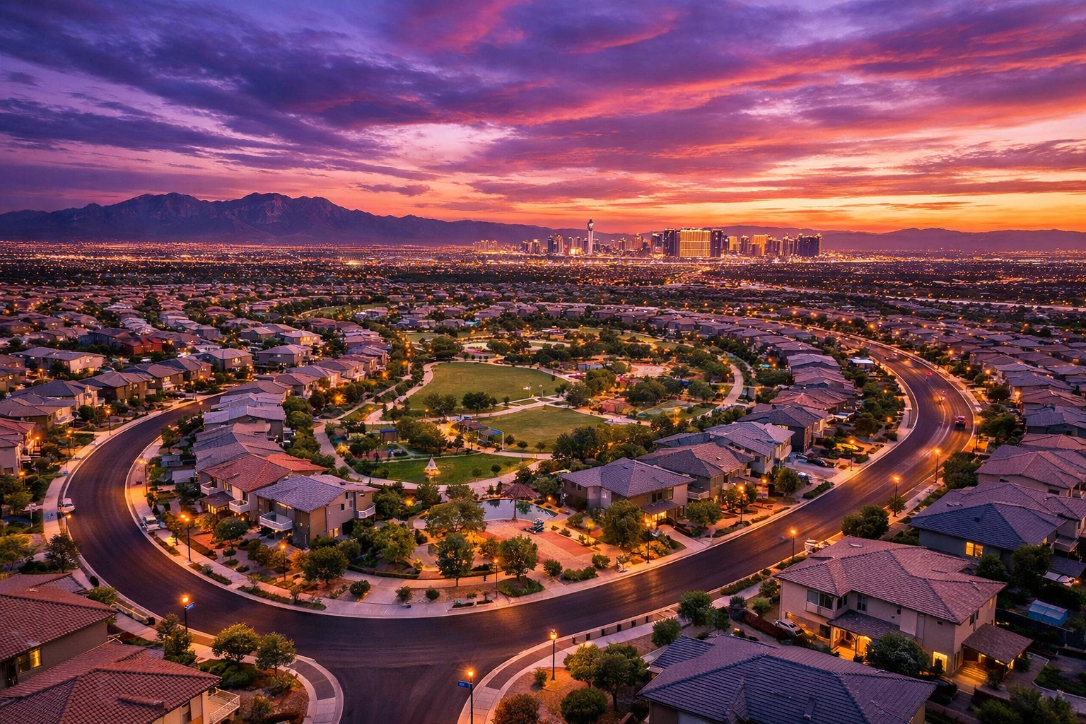 Aerial view of Las Vegas master-planned community with homes and mountain backdrop