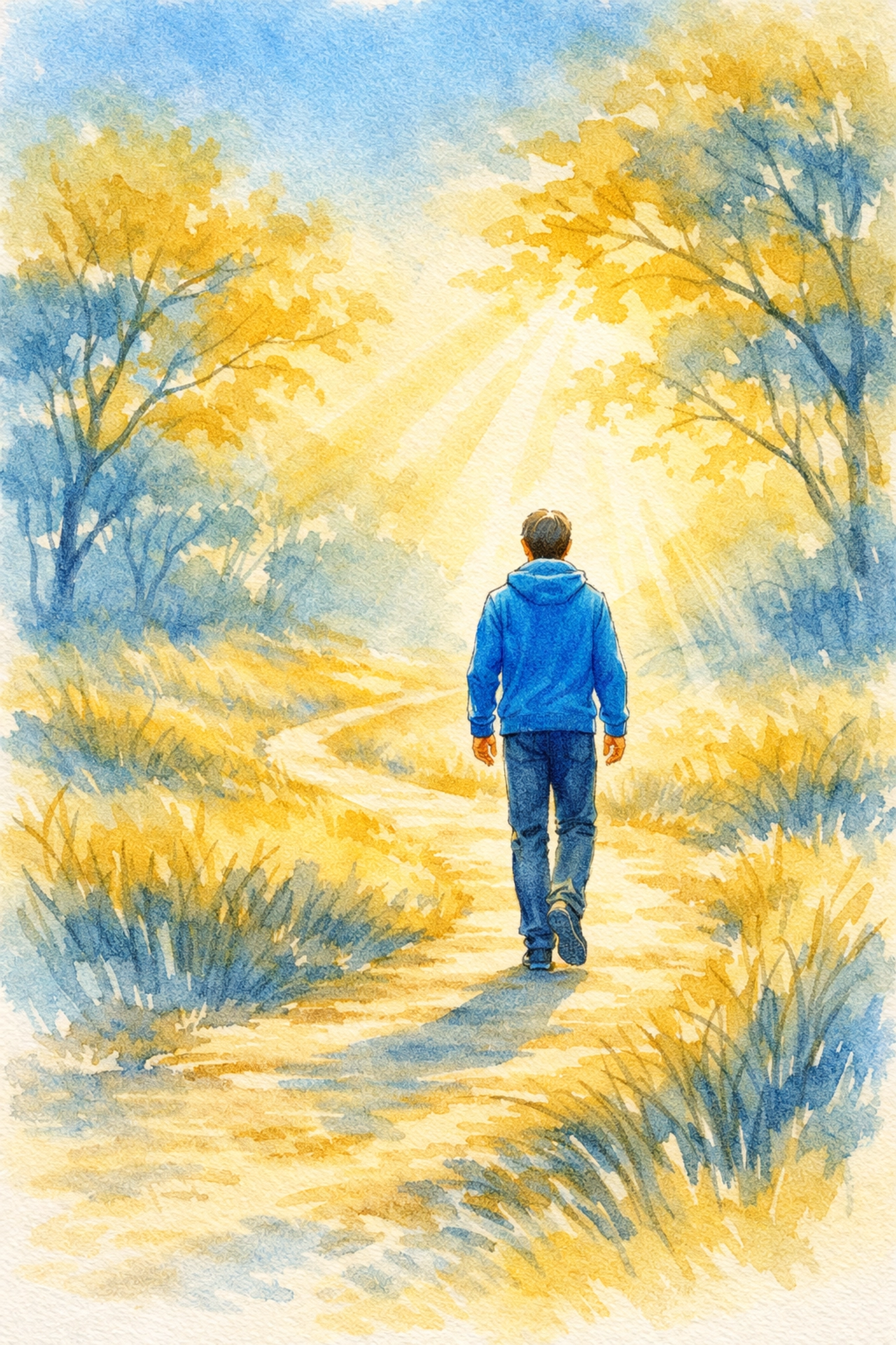 Person walking forward on peaceful nature path taking faithful action against anxiety