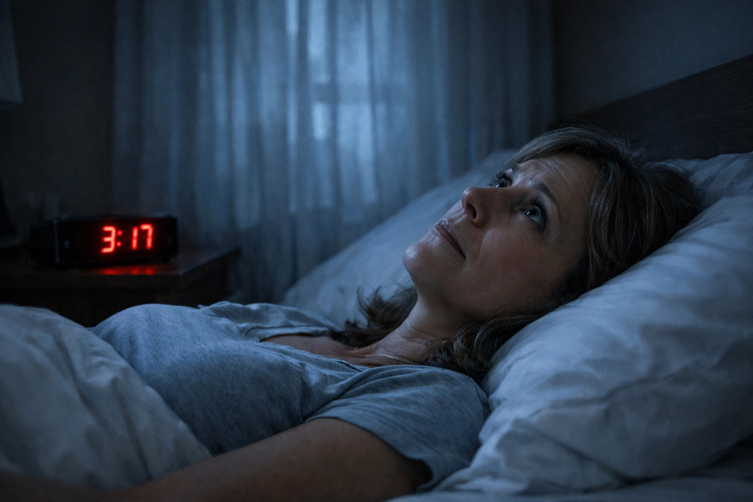 Woman experiencing 3am wake-up during perimenopause lying awake in bed with insomnia