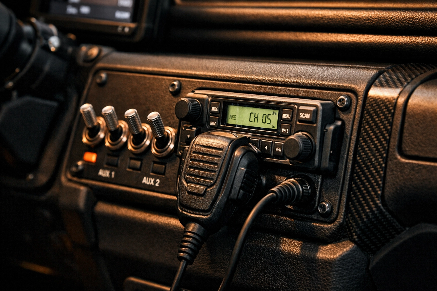 Ruggedized center console and communication equipment inside a custom upfitted vehicle.