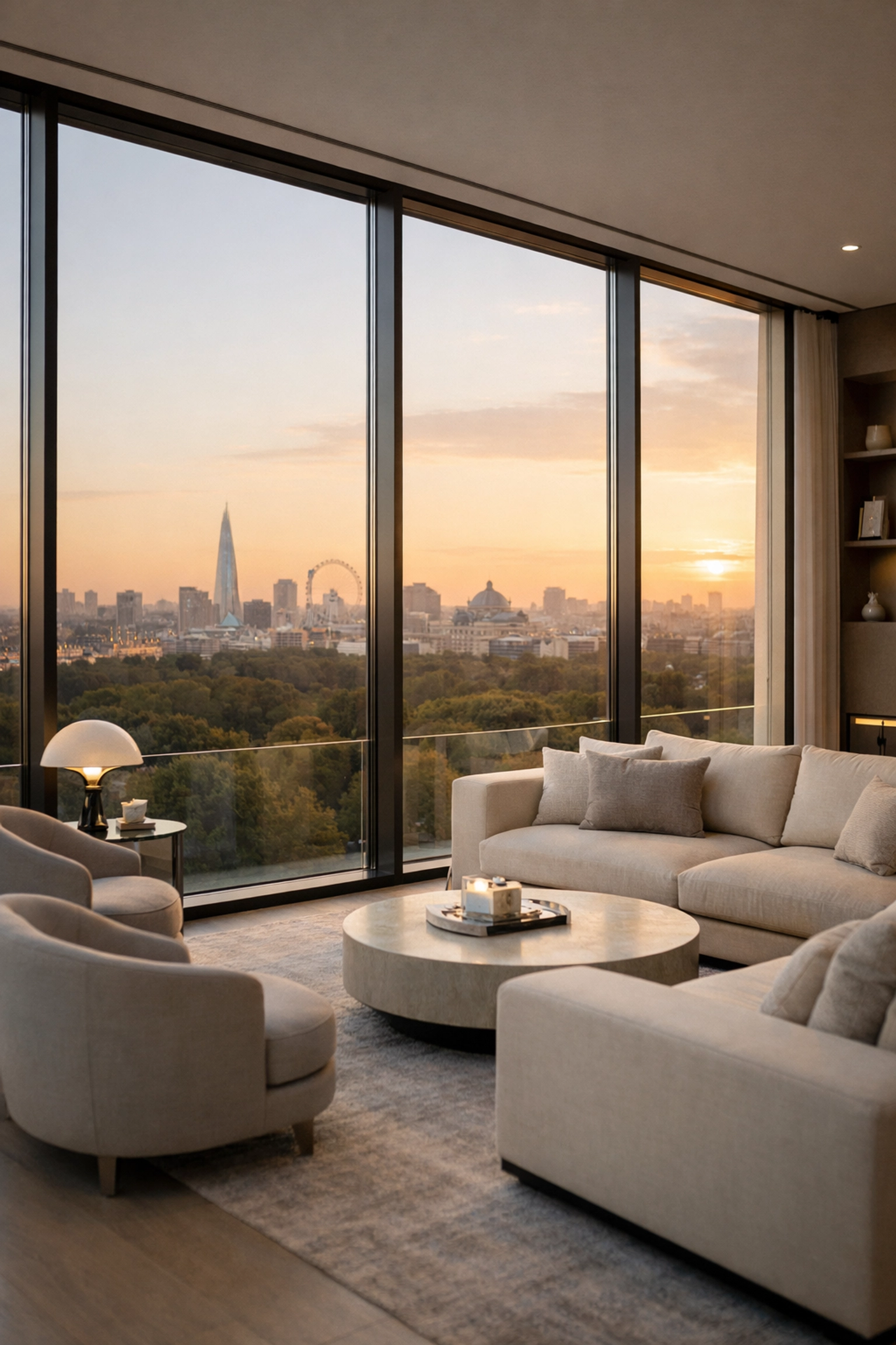 Luxury Knightsbridge penthouse interior with floor-to-ceiling windows overlooking London skyline