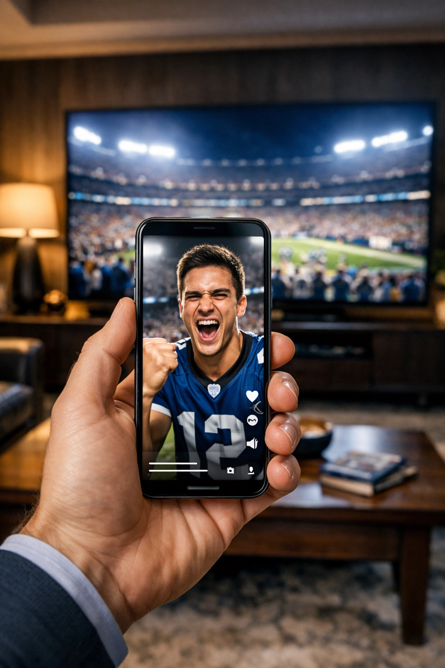 Second screen branding strategy showing an NIL athlete video on a smartphone during a major football broadcast.