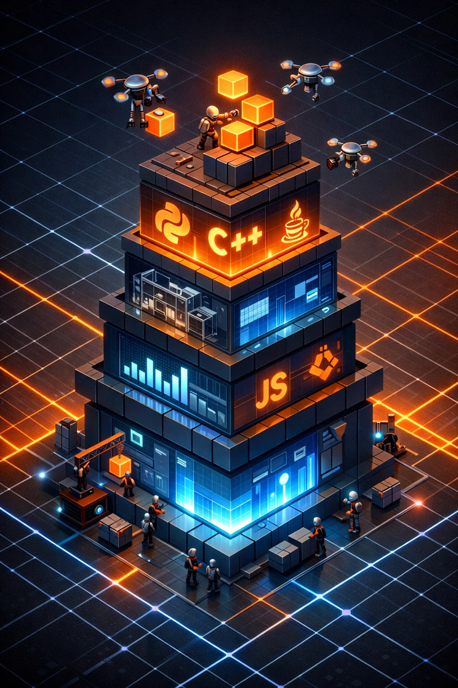 A digital monument showing stackable career milestones and skills being built on a futuristic neon grid.