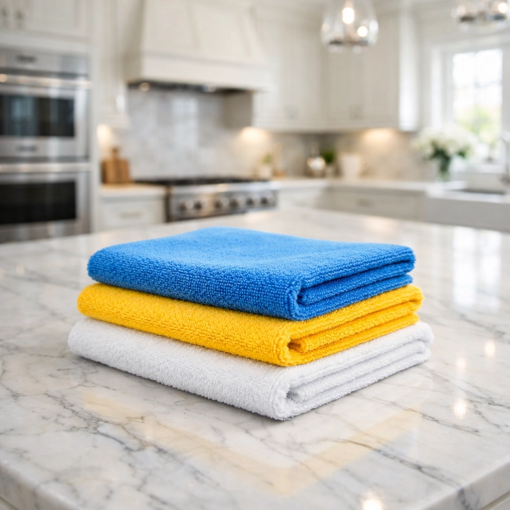 Professional microfiber cleaning cloths on a luxury marble island in a Sherborn estate kitchen.