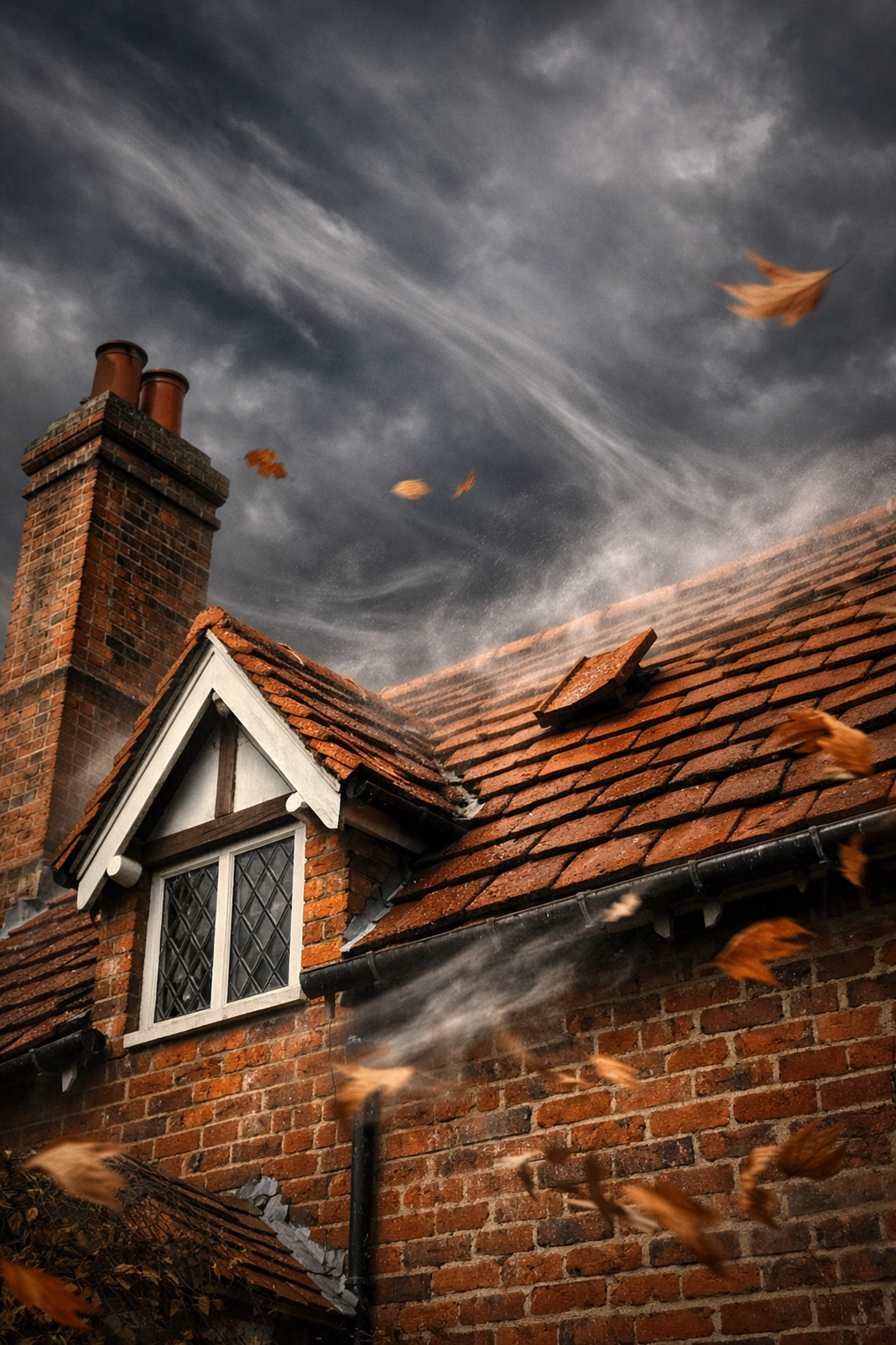Wind uplift pressure lifting clay roof tiles on a traditional Marlow home during a storm.