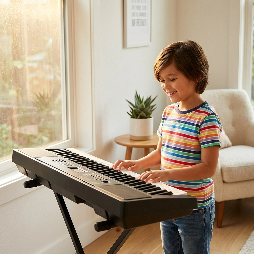 Happy child practicing piano at home keyboard for beginner piano lessons