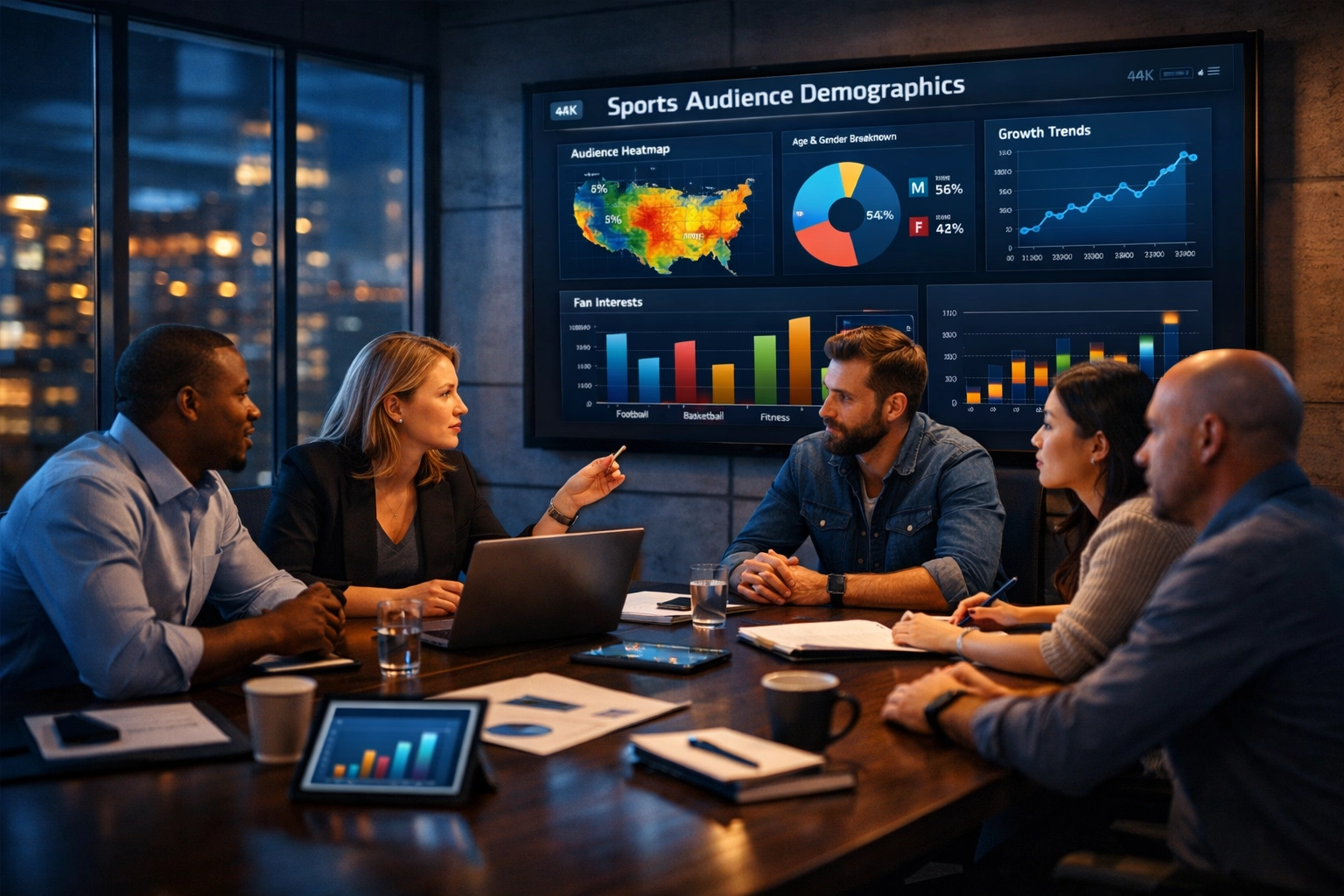 Sports marketing agency professionals analyzing audience data visualizations to drive strategic business growth.