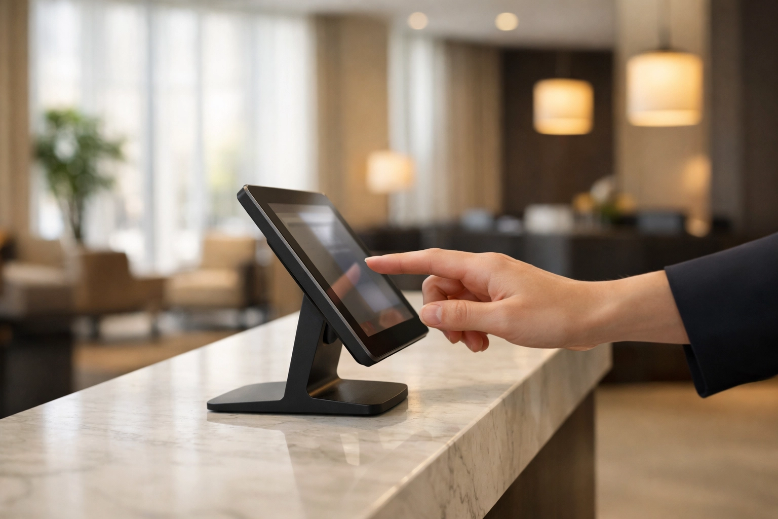 A modern hotel self-check-in kiosk on a marble counter providing a seamless guest arrival experience.