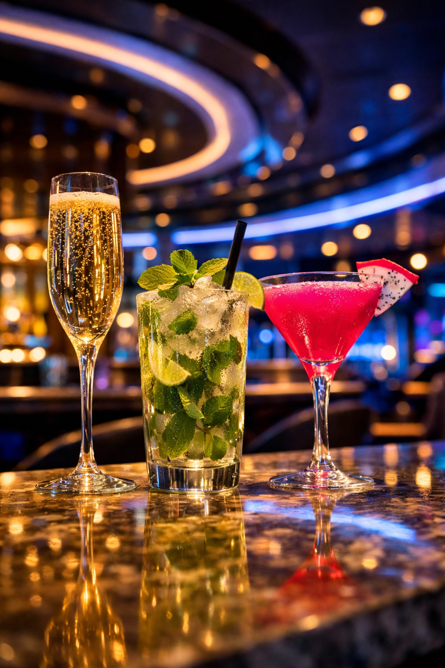 Selection of colorful cocktails and champagne at a luxury cruise ship bar.