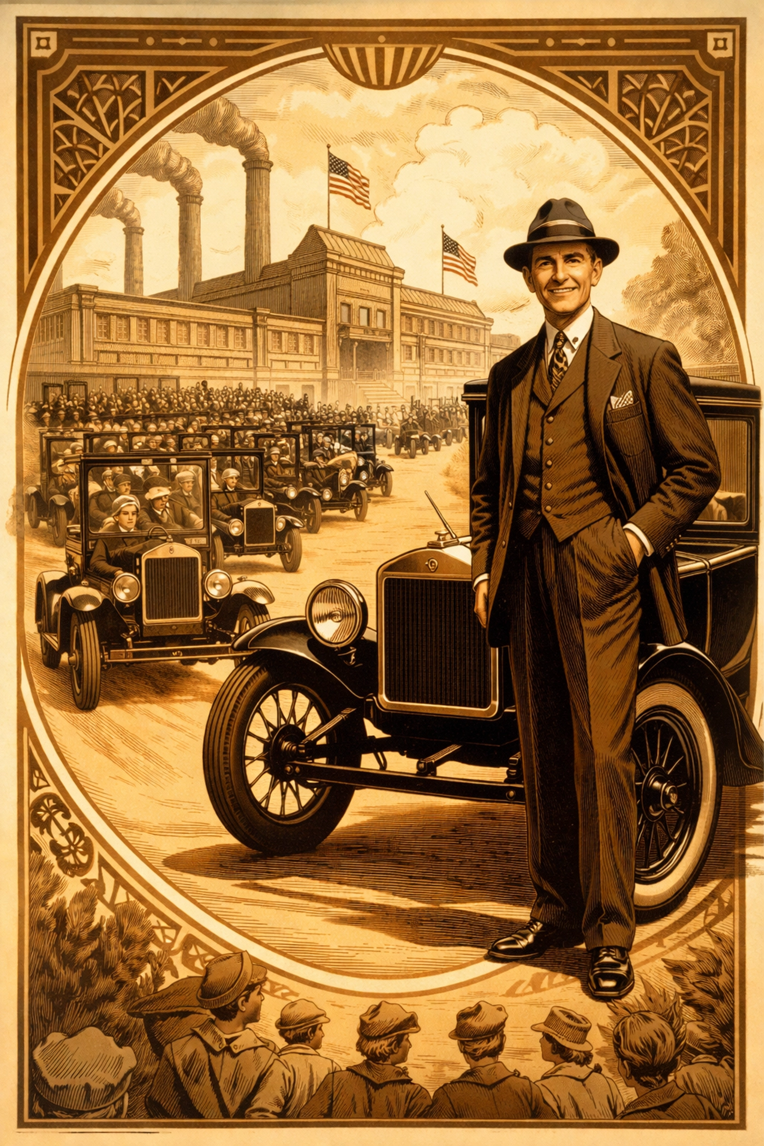 1920s style image of Henry Ford and workers with Model T cars, highlighting workers as customers in the economy.
