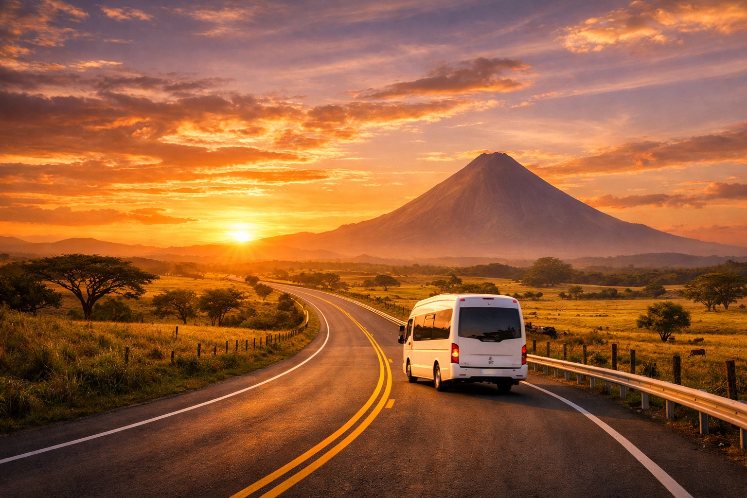 Private Liberia airport shuttle driving on a scenic Guanacaste highway toward a majestic Costa Rican volcano.