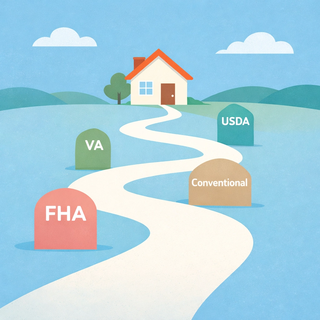 Camino a casa propia mostrando opciones de préstamos FHA, convencional, VA y USDA