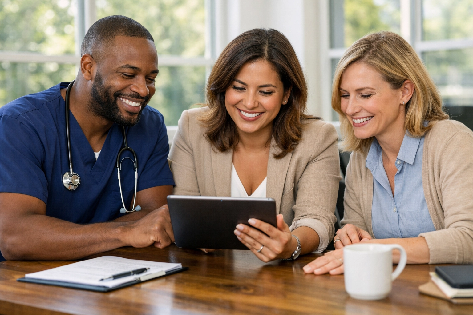 Diverse medical professionals collaborating on integrated mental health care in a bright North Carolina office.