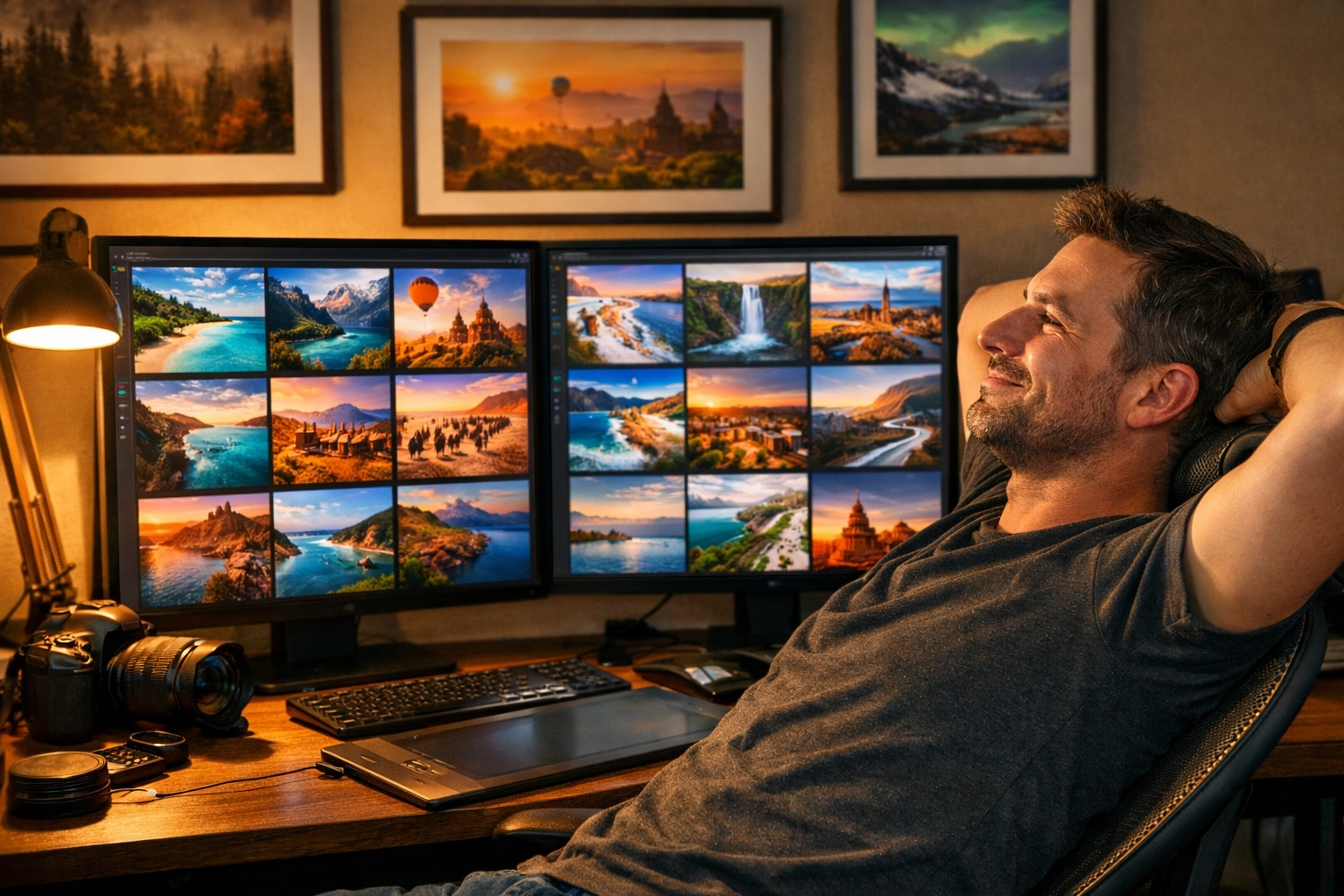 A photographer reviewing a travel photography gallery after mastering professional photo editing tutorials.