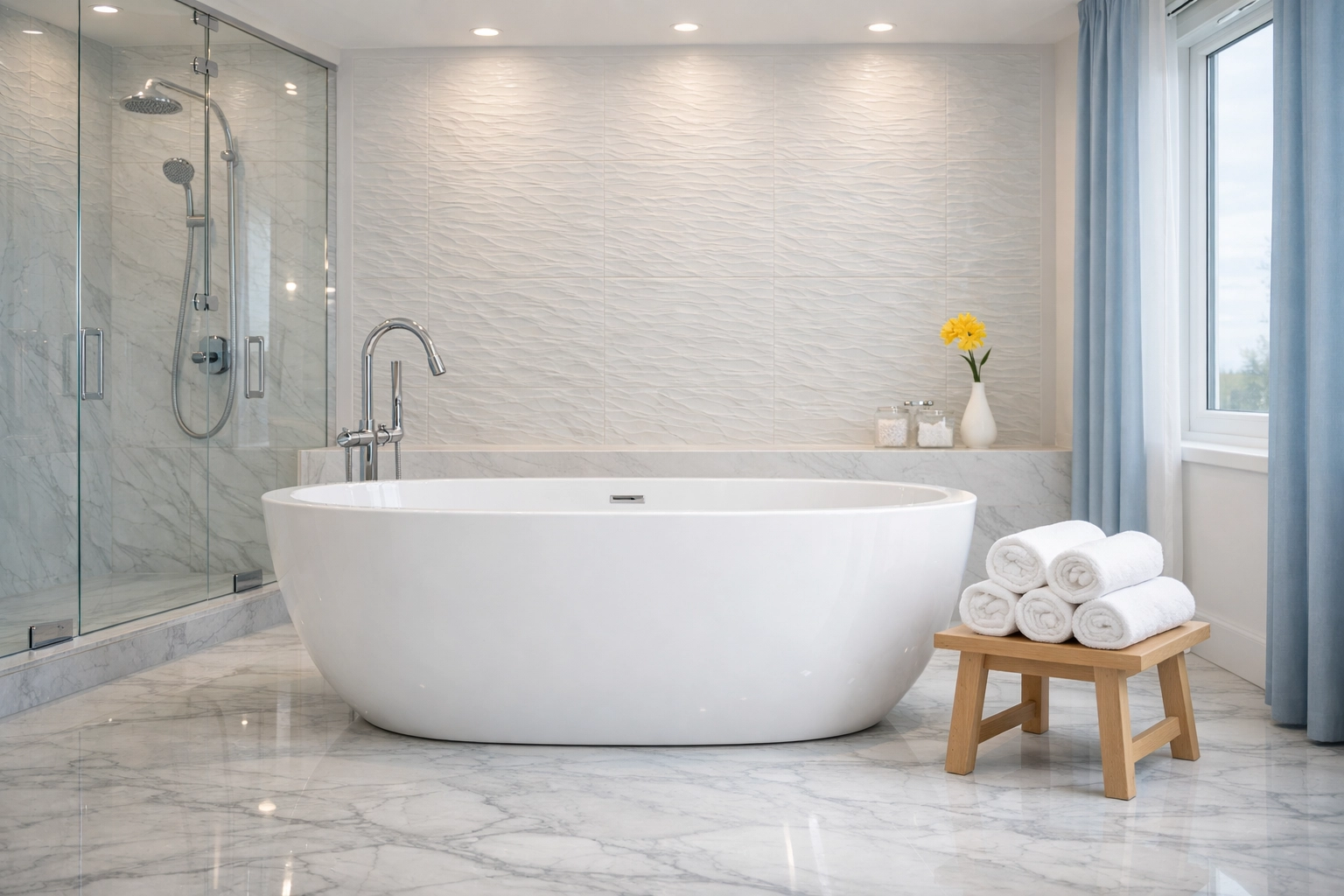 Deep cleaned spa-like master bathroom in a Carlisle estate with a pristine soaking tub and marble floors.