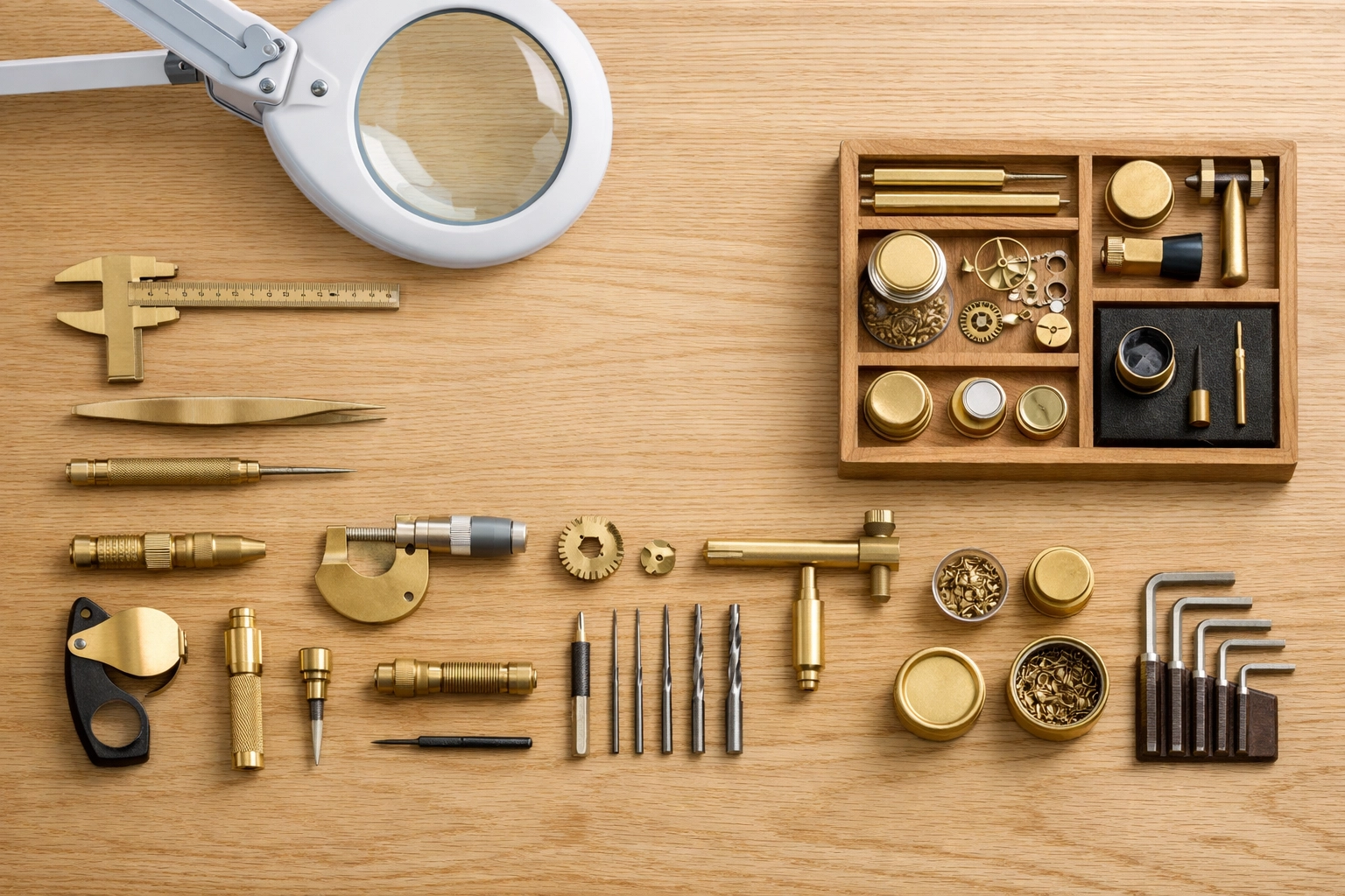 Expert watchmaker workbench with precision tools for sourcing and verifying rare pre owned Rolex watches.