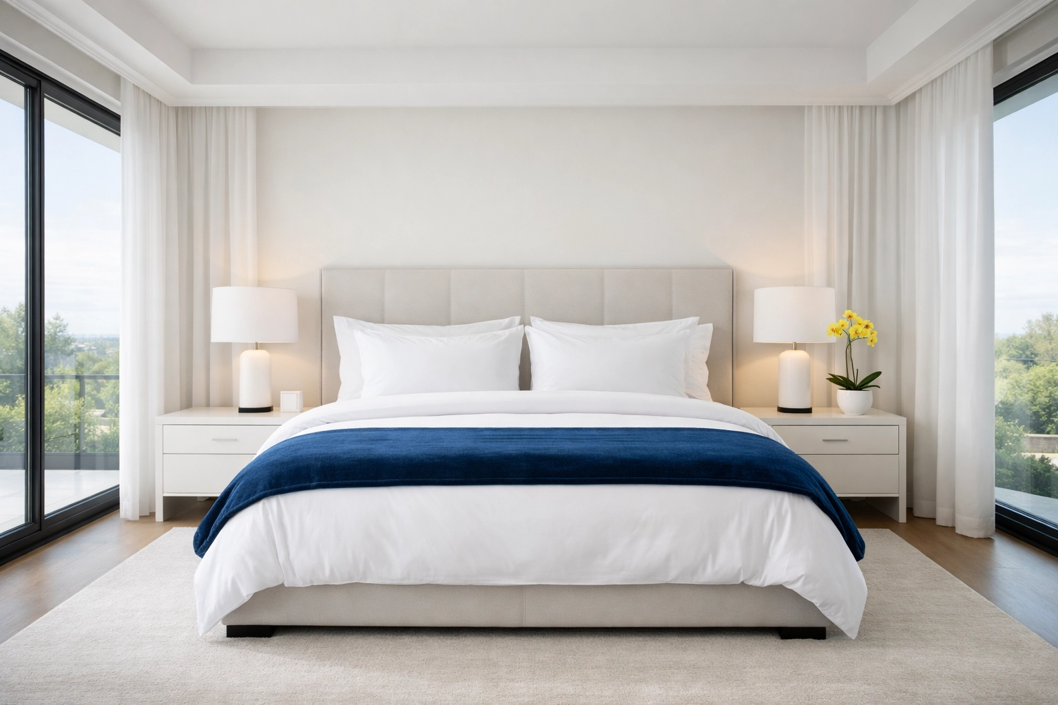 A serene and professionally cleaned bedroom sanctuary highlighting a healthy, chemical-free home.