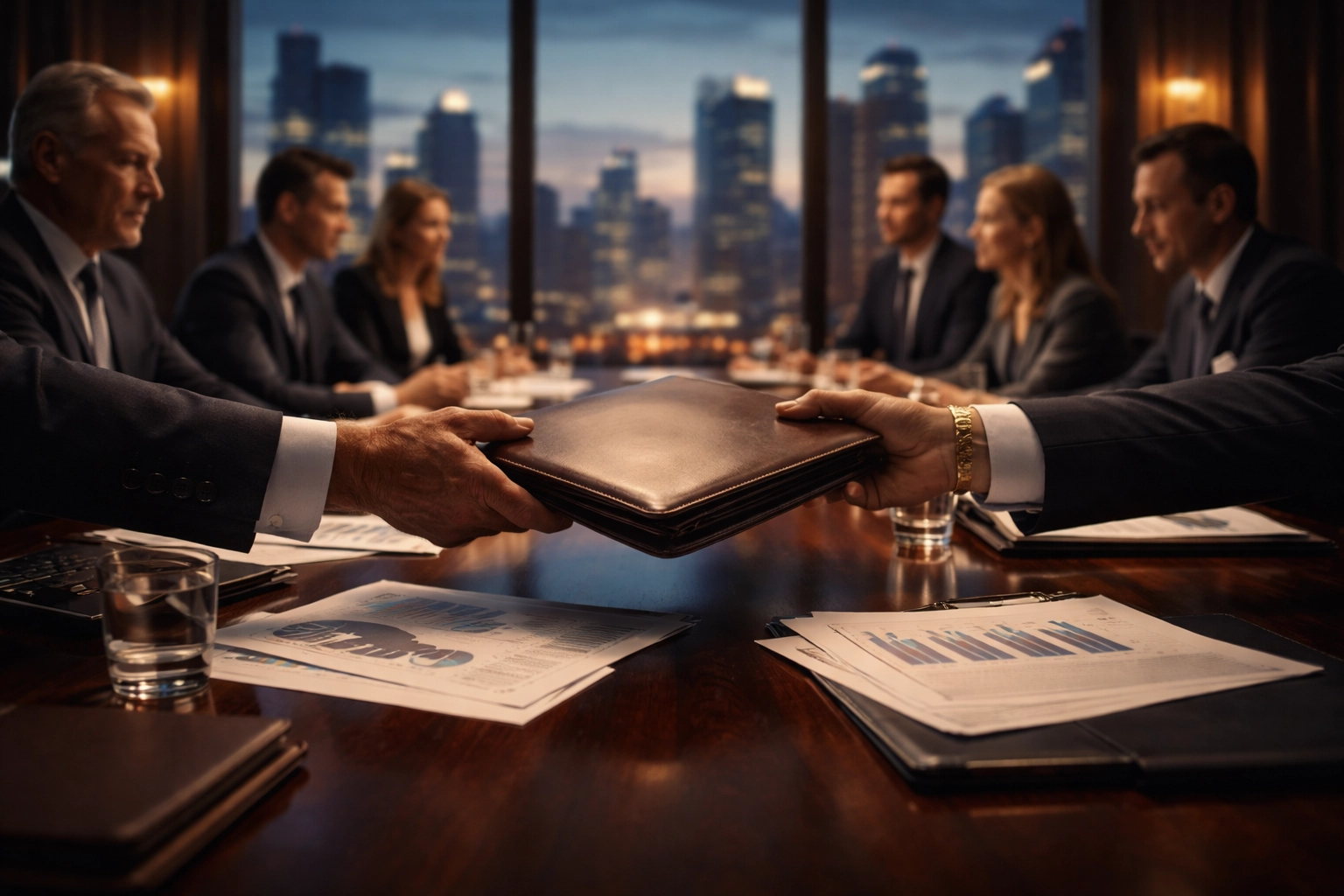 Executives in a high-rise boardroom discuss private equity investments over financial charts and documents.