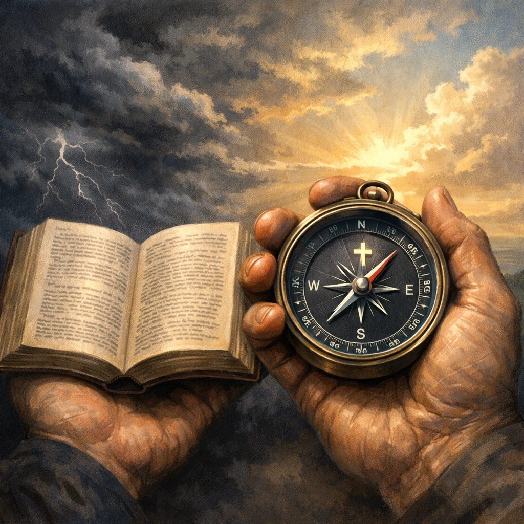 Hands holding compass and Scripture with clearing skies representing biblical wisdom and hope
