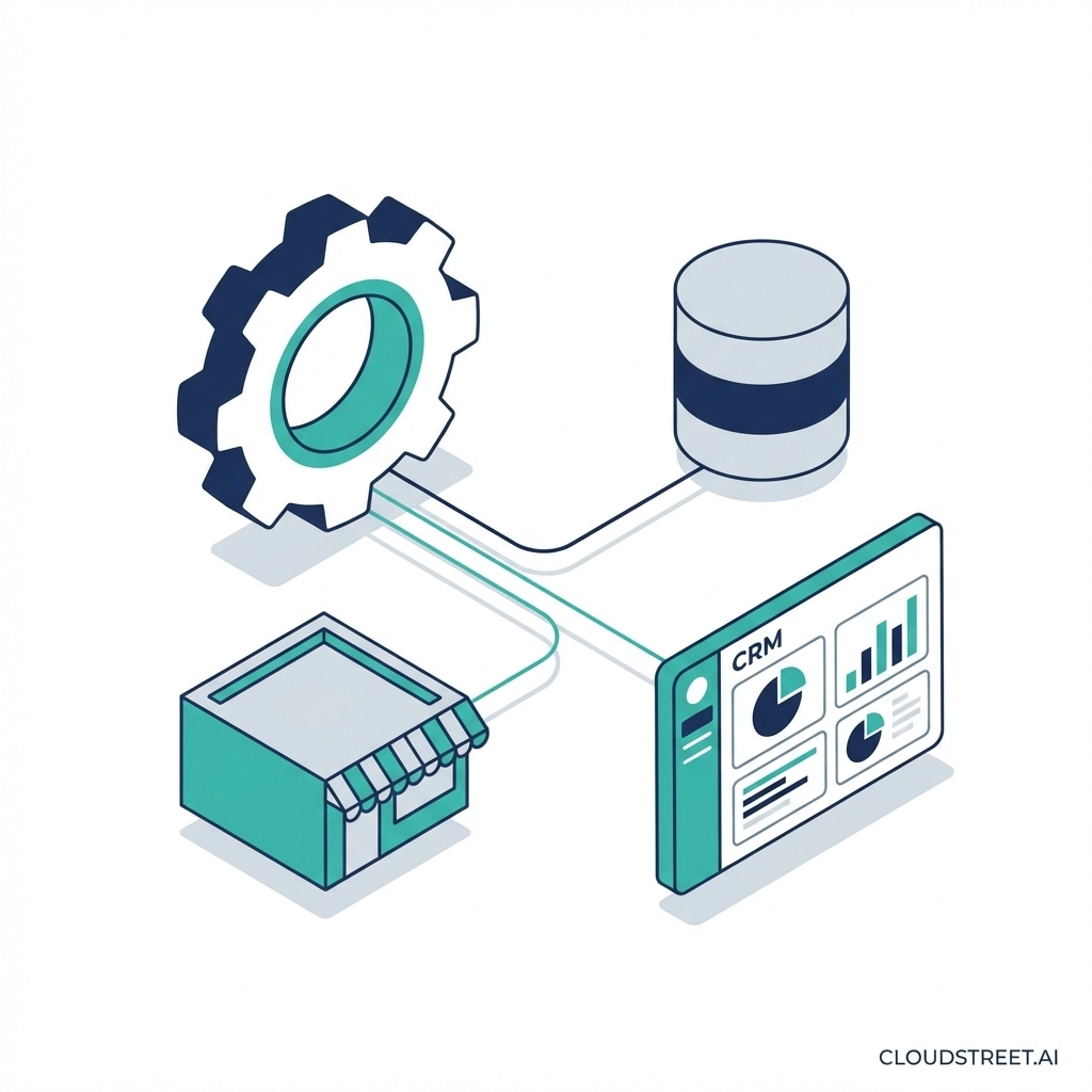 Connected manufacturing business tools highlighting B2B commerce, storefronts, databases, and CRM integration
