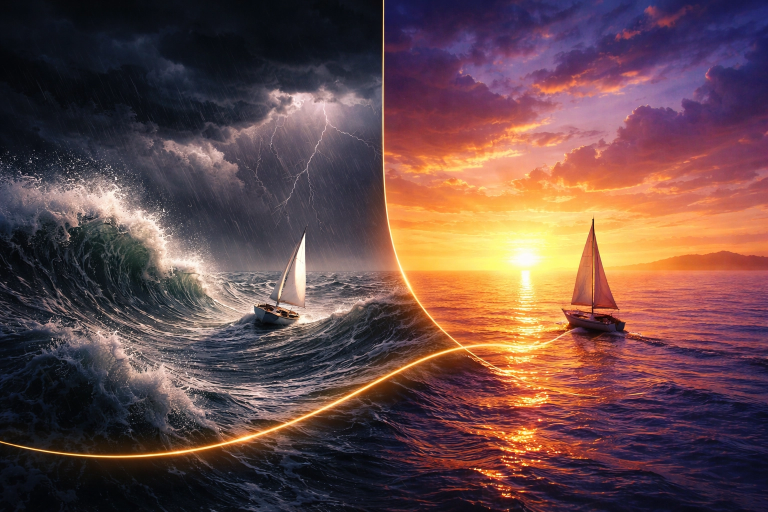 A small boat moves from stormy seas to calm waters, depicting the journey from investment volatility to stability through risk mitigation.