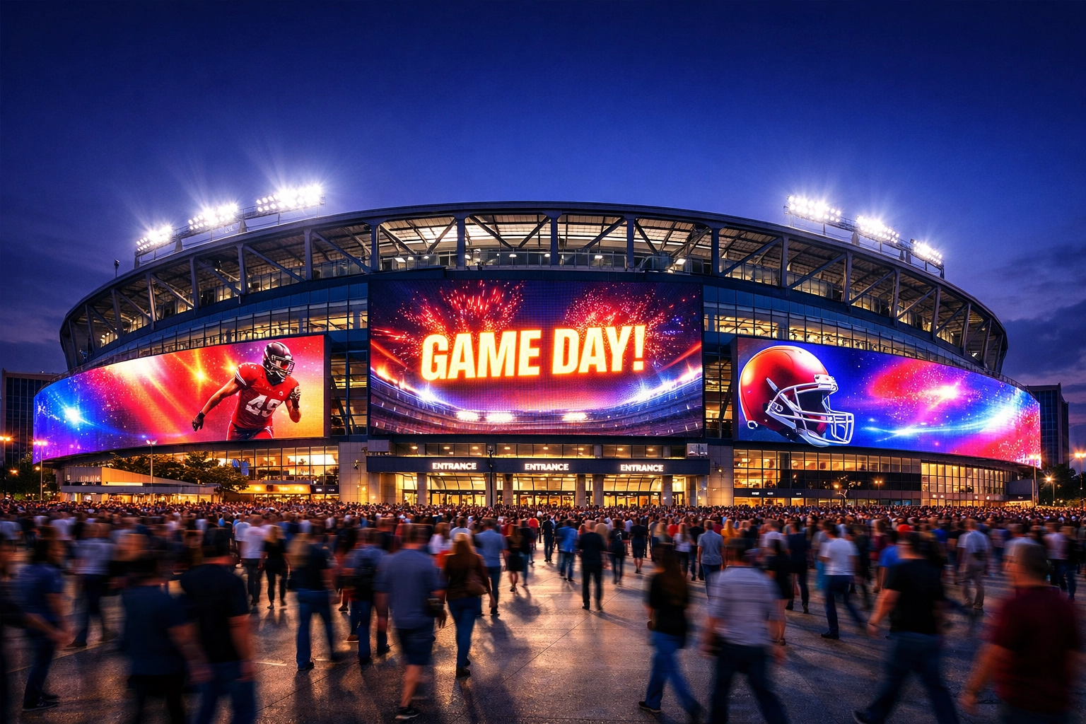 Digital LED perimeter screens at a modern sports stadium entrance during a high-energy fan event.