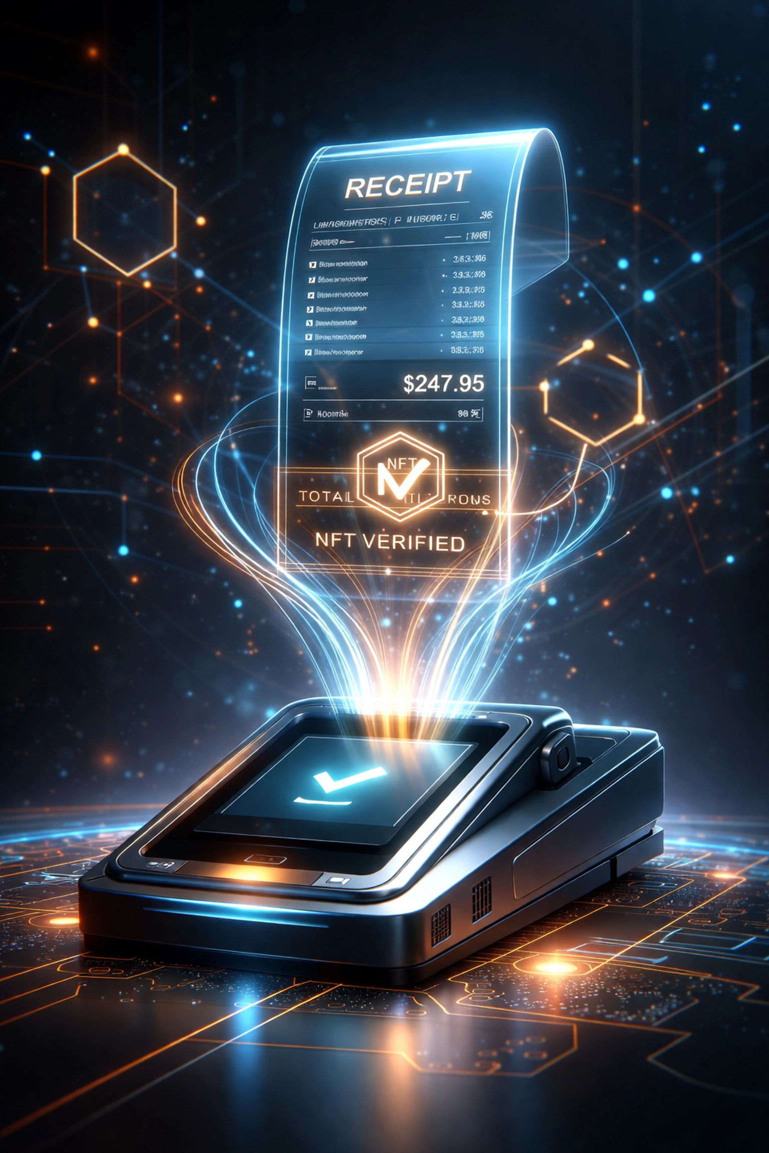 Holographic blockchain NFT receipt above a checkout terminal representing secure Web3 payments and digital verification