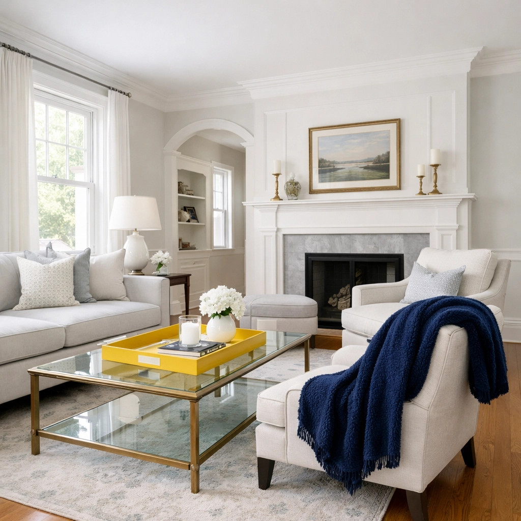 Clean and airy living room in a Concord colonial home after a bi-weekly house cleaning service.