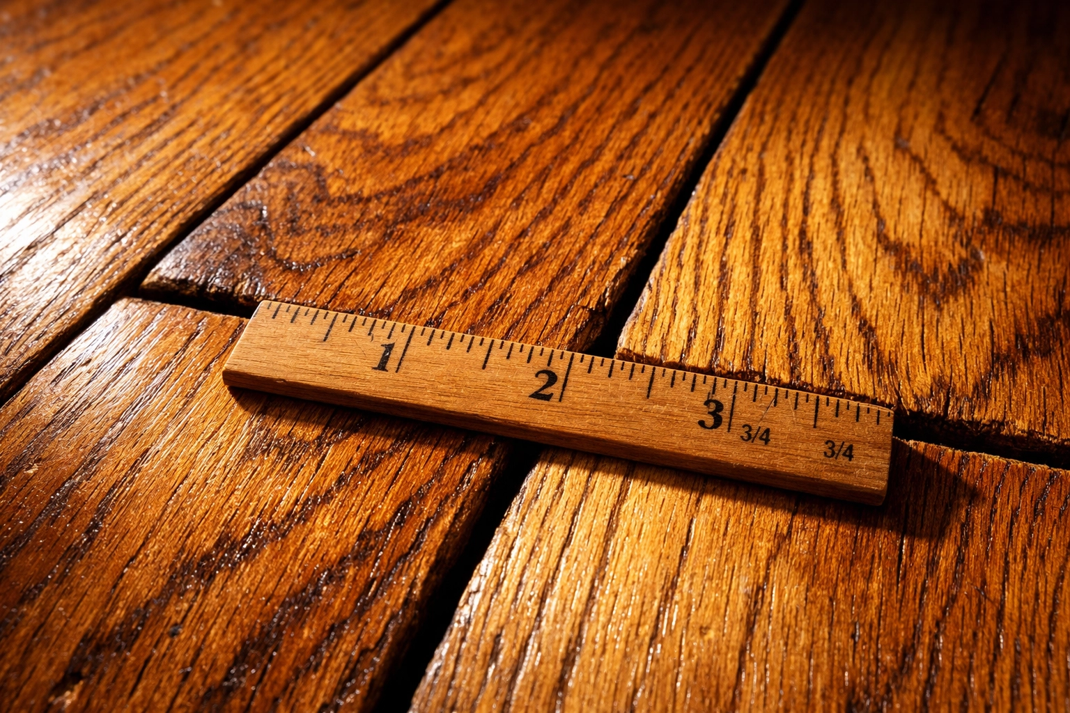 Seasonal gaps between hardwood floor planks caused by Chicago winter dry air and humidity changes
