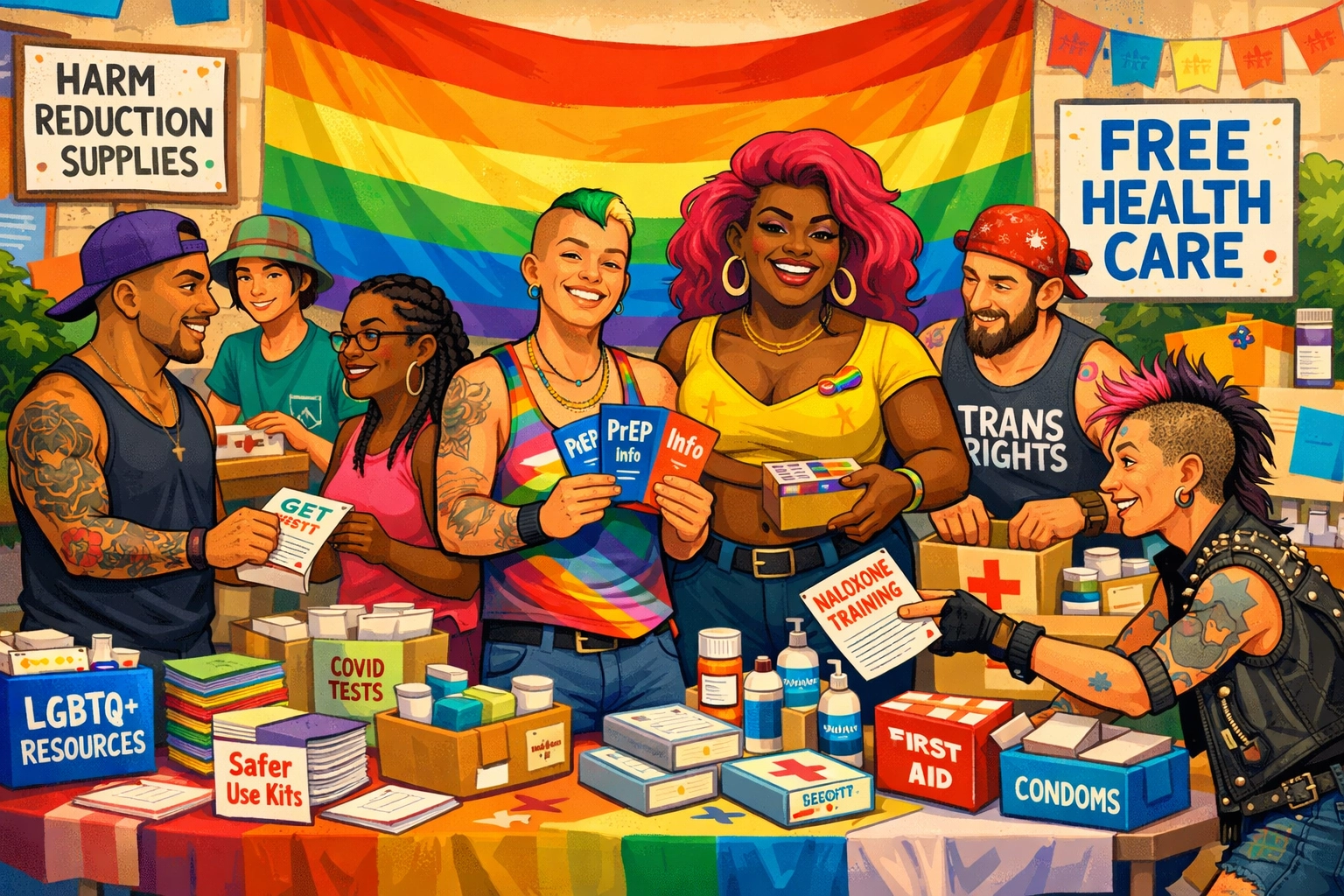LGBTQ+ community activists organizing a health drive and mutual aid event under a rainbow flag.