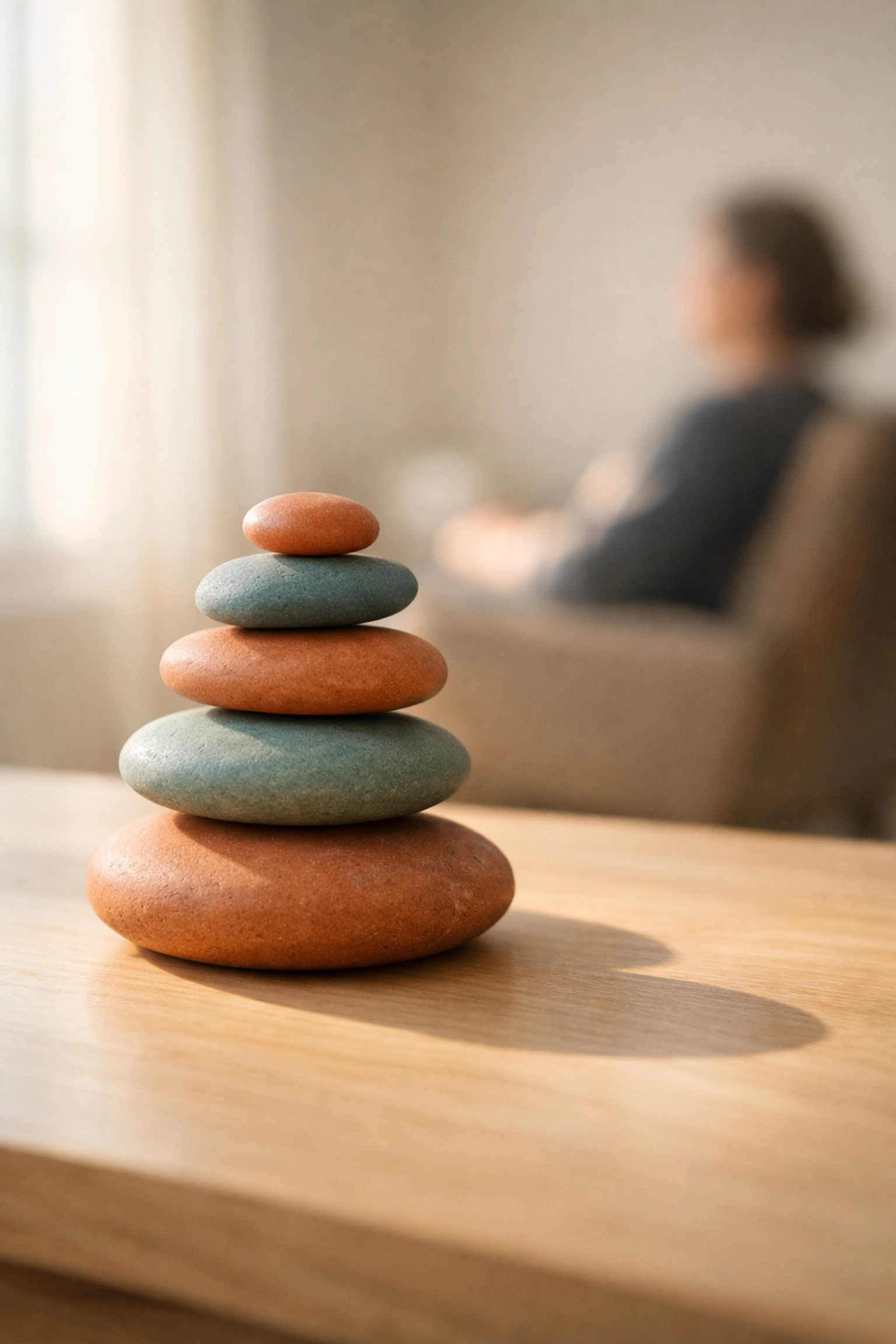 Balanced stones in a sunlit therapy room, symbolizing emotional grounding and EMDR therapy for depression relief.