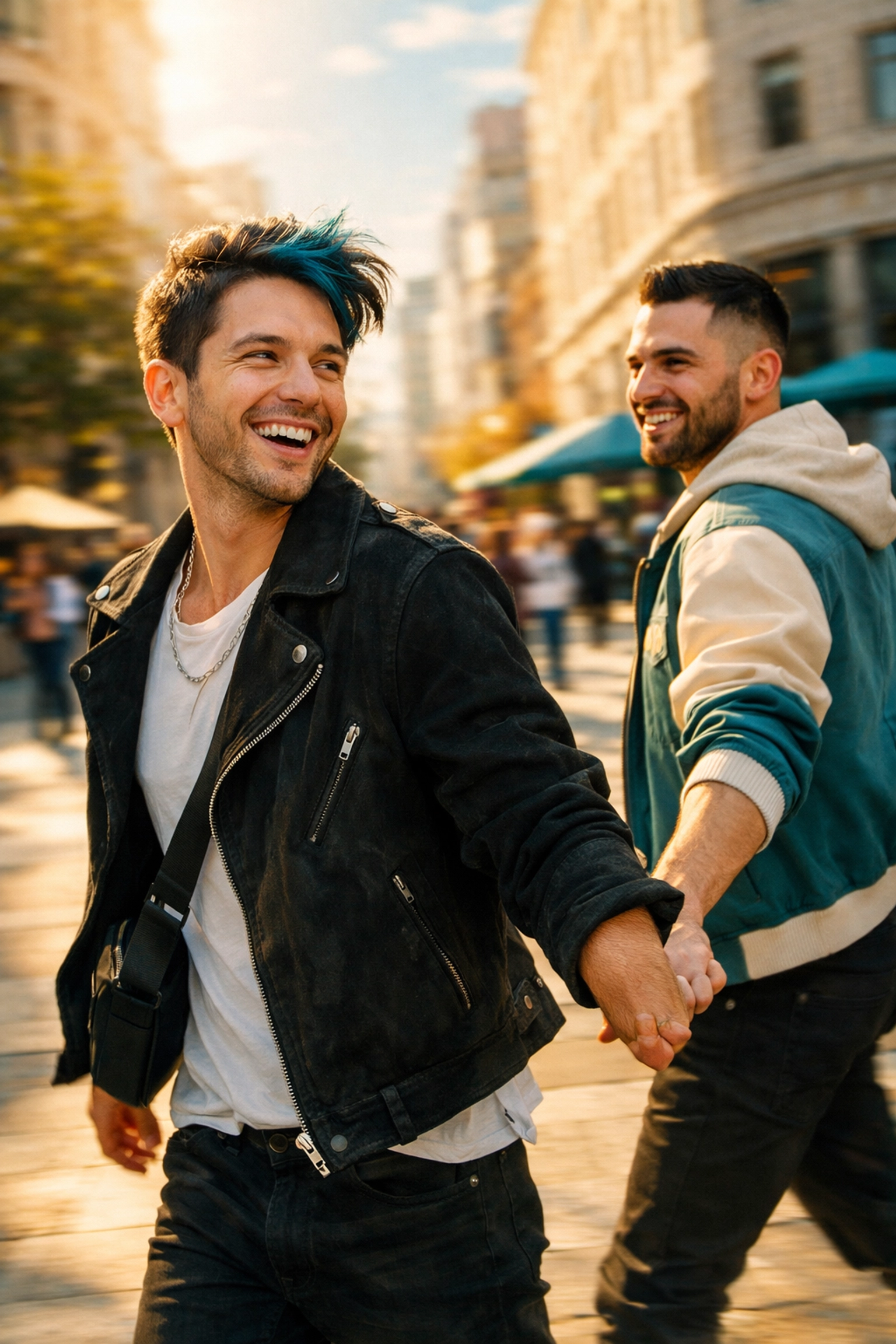A happy gay couple walking through a city, embracing a non-traditional life path and queer milestones.