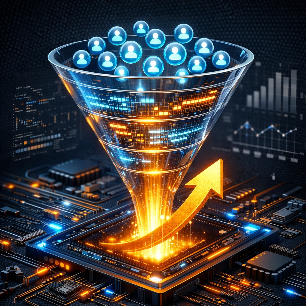 A digital marketing funnel merging with tech architecture to drive business growth.