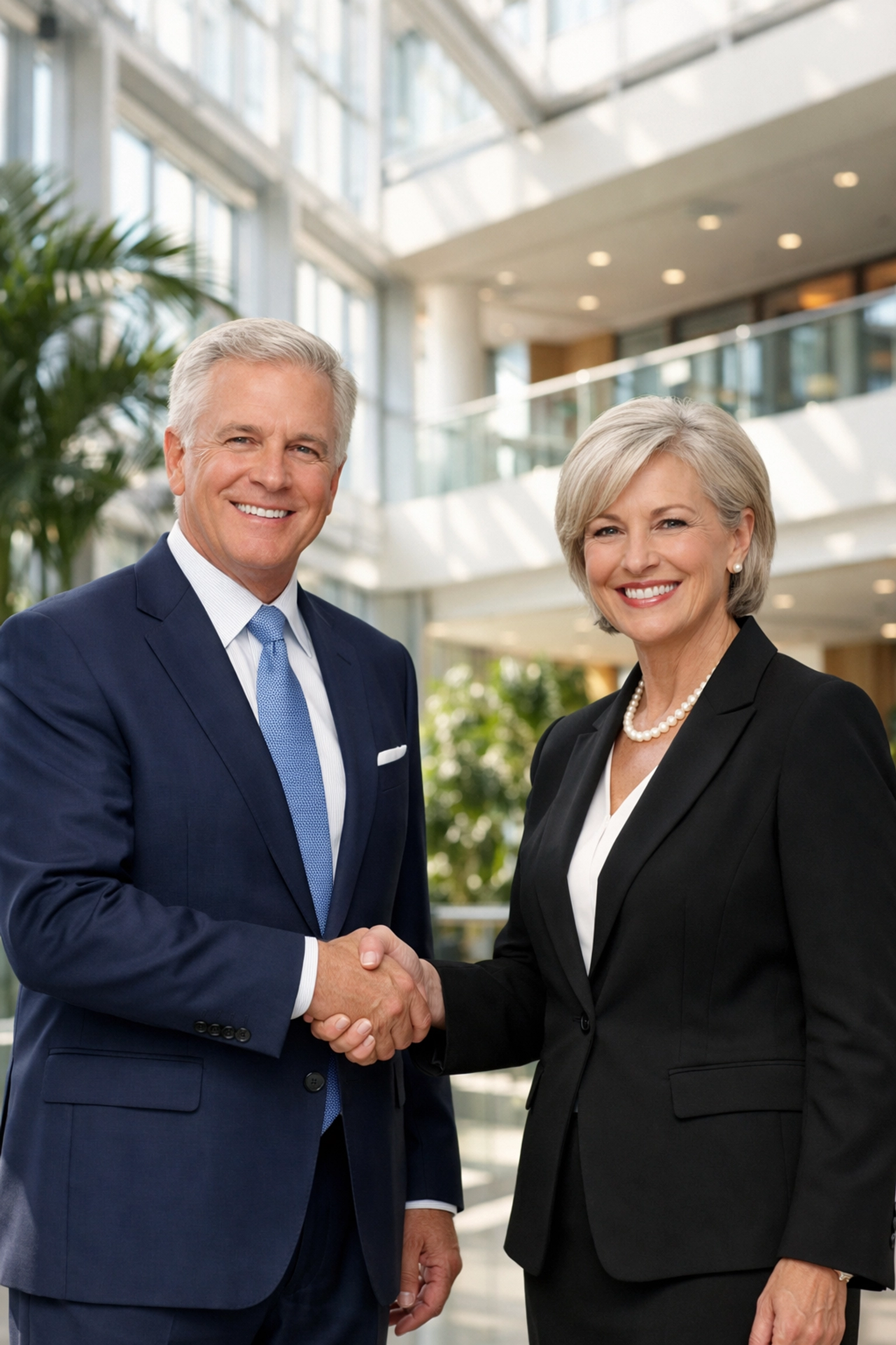 Two corporate executives shaking hands to celebrate a successful Super Bowl brand partnership.