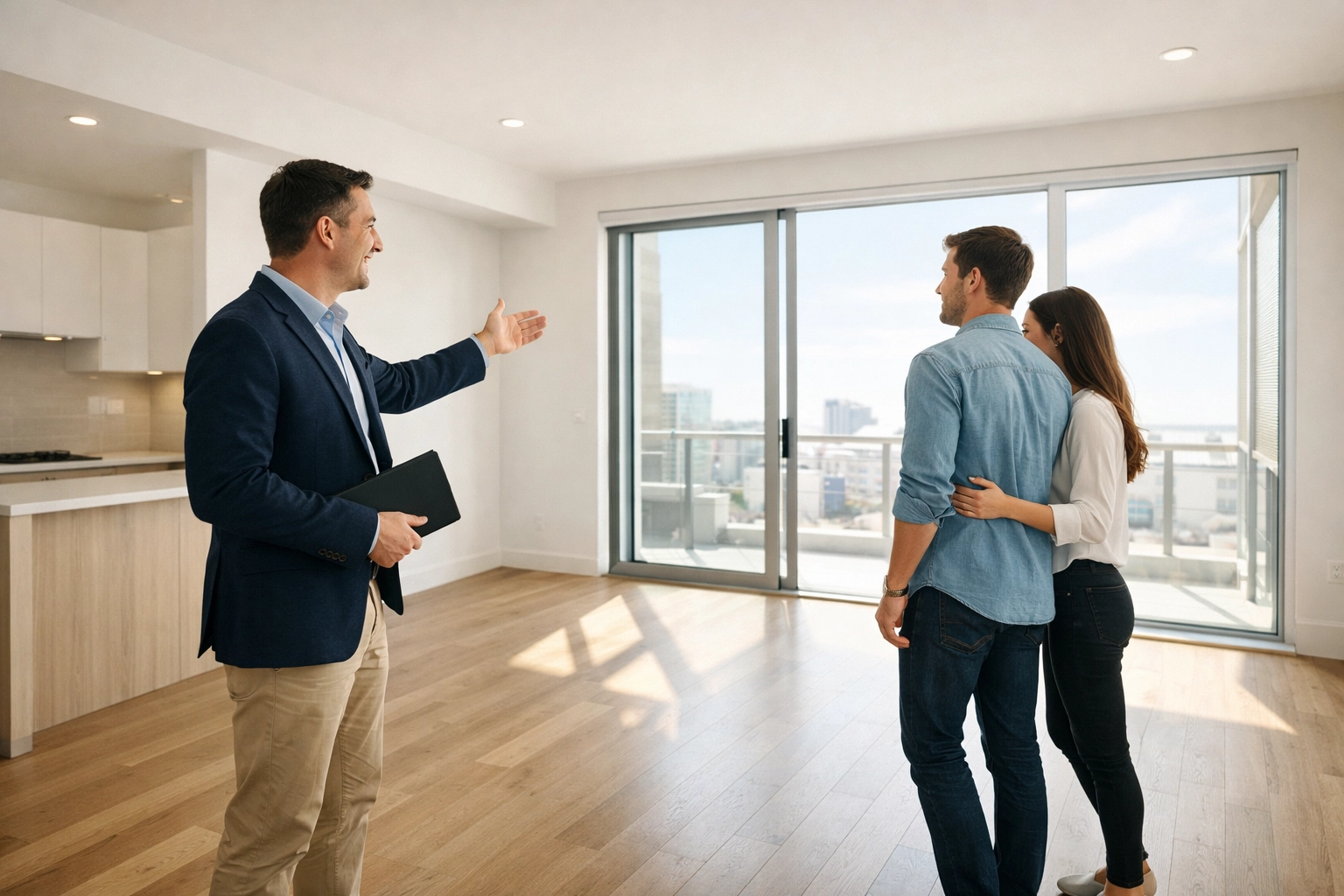 Property manager showing a vacant apartment to tenants to speed up the turnover process.
