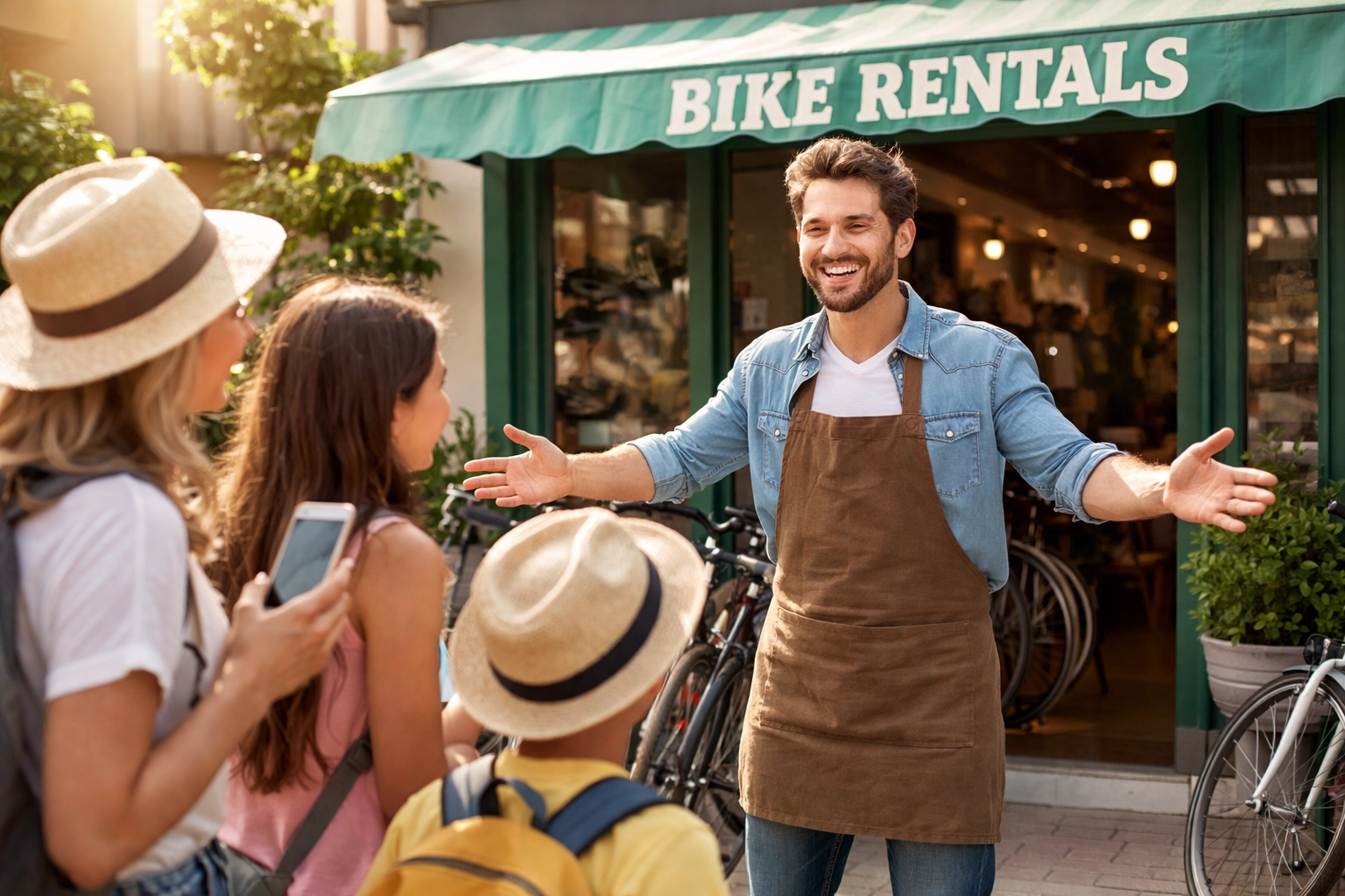 Bike rental shop owner welcoming tourists with smartphones, showing focus on guests with managed tour technology