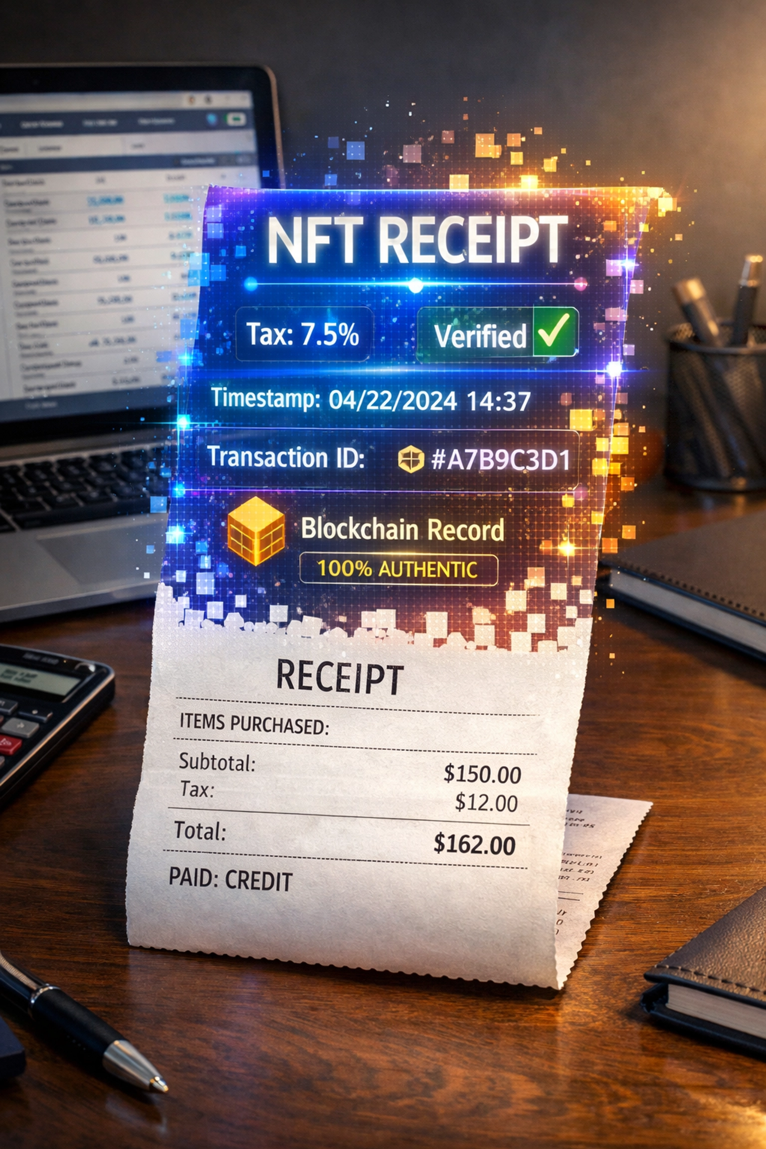 Traditional receipt transforming into NFT for blockchain-based tax and accounting records