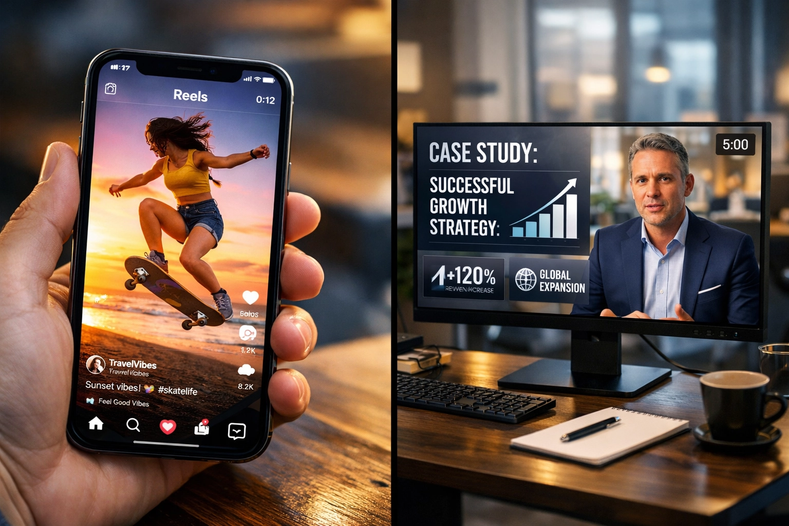 Comparison of short-form social media video on phone and long-form business video on monitor